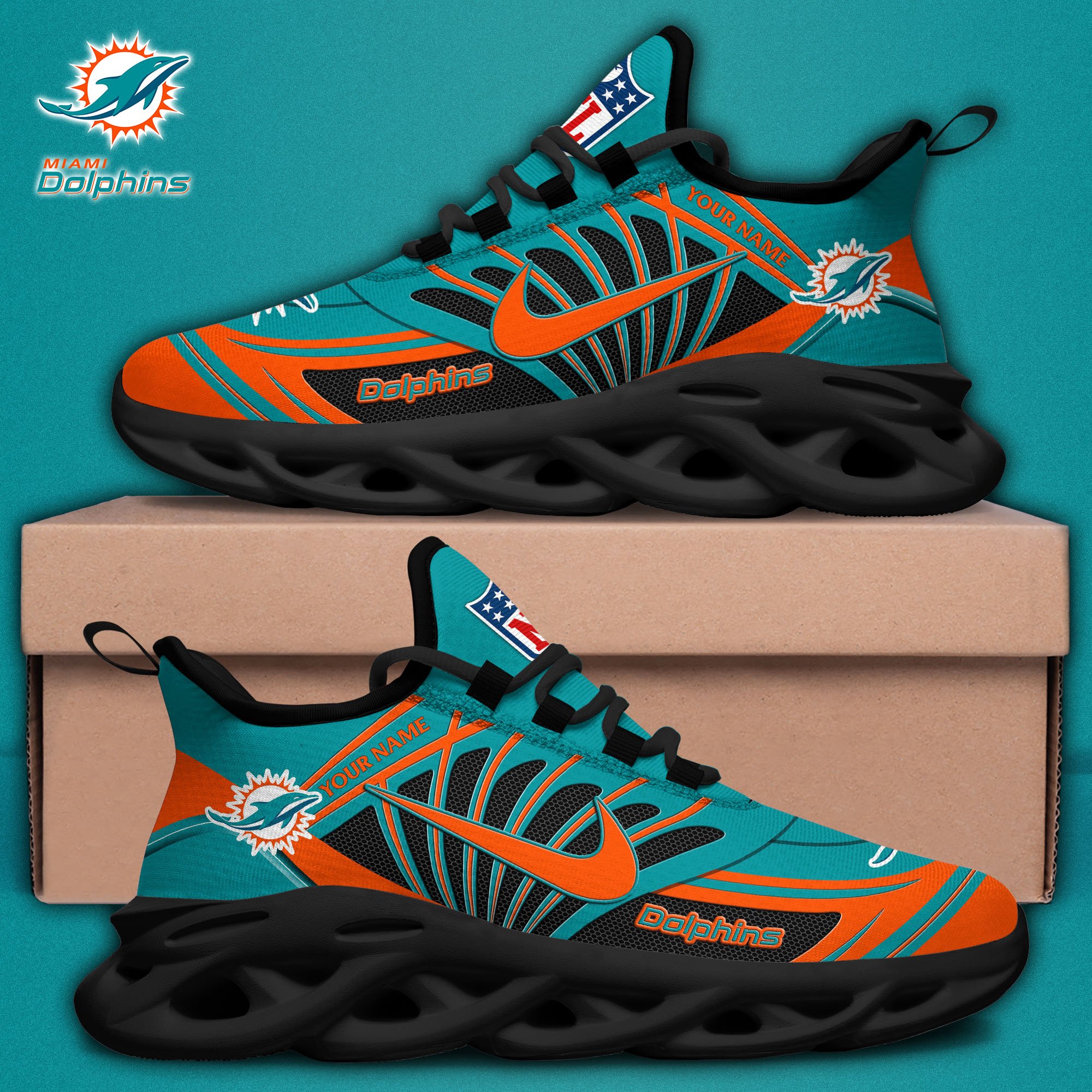 Miami Dolphins Black Max Soul Shoes 2026 Versions Custom Name 898