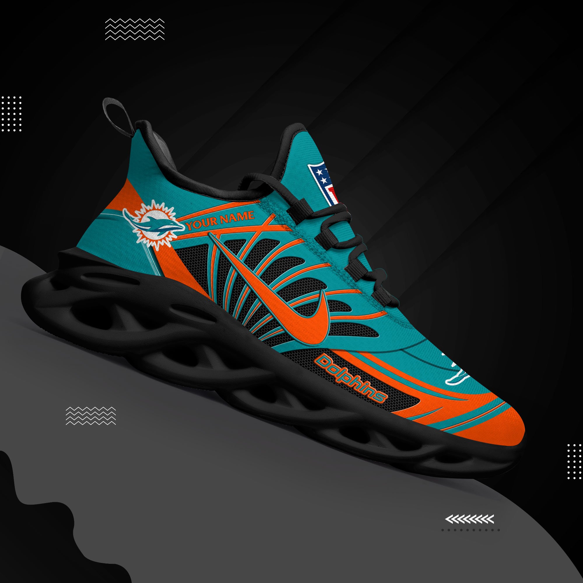 Miami Dolphins Black Max Soul Shoes 2026 Versions Custom Name 898