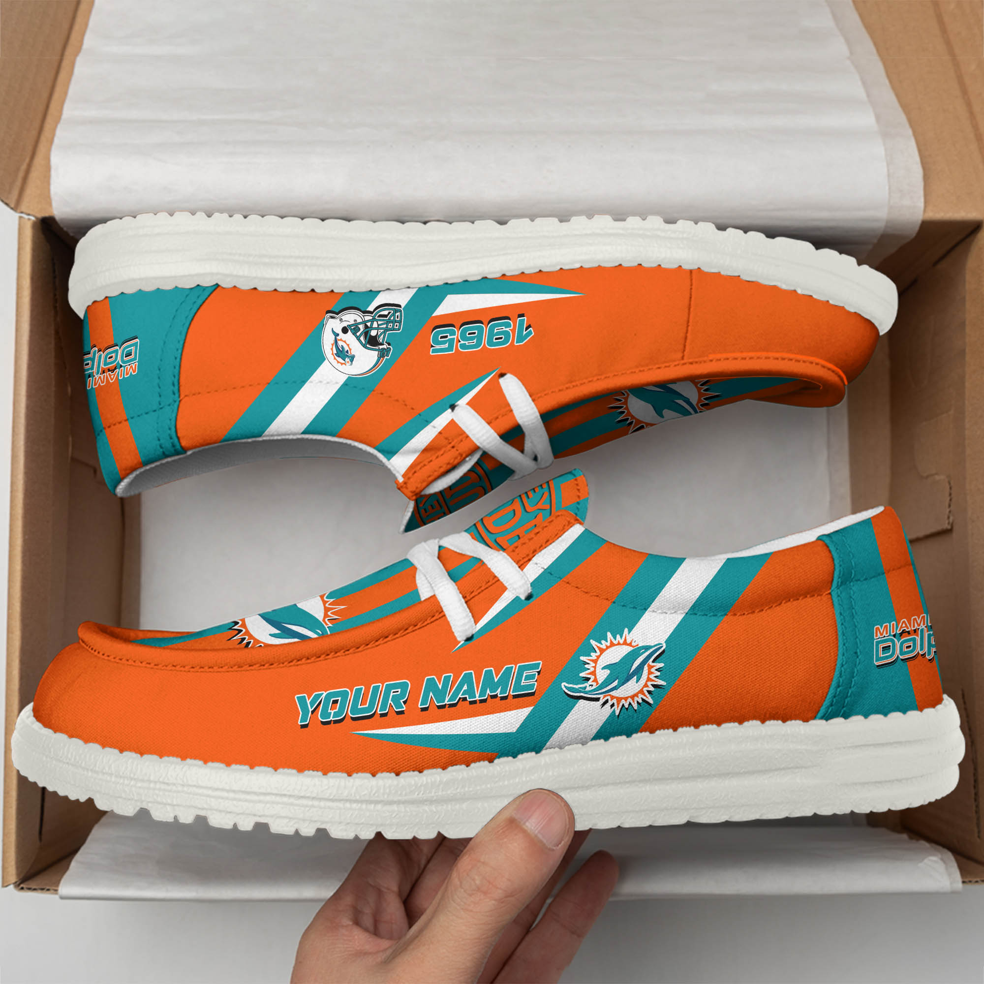 Miami Dolphins Team White Canvas Loafer Shoes Personalized Your Name