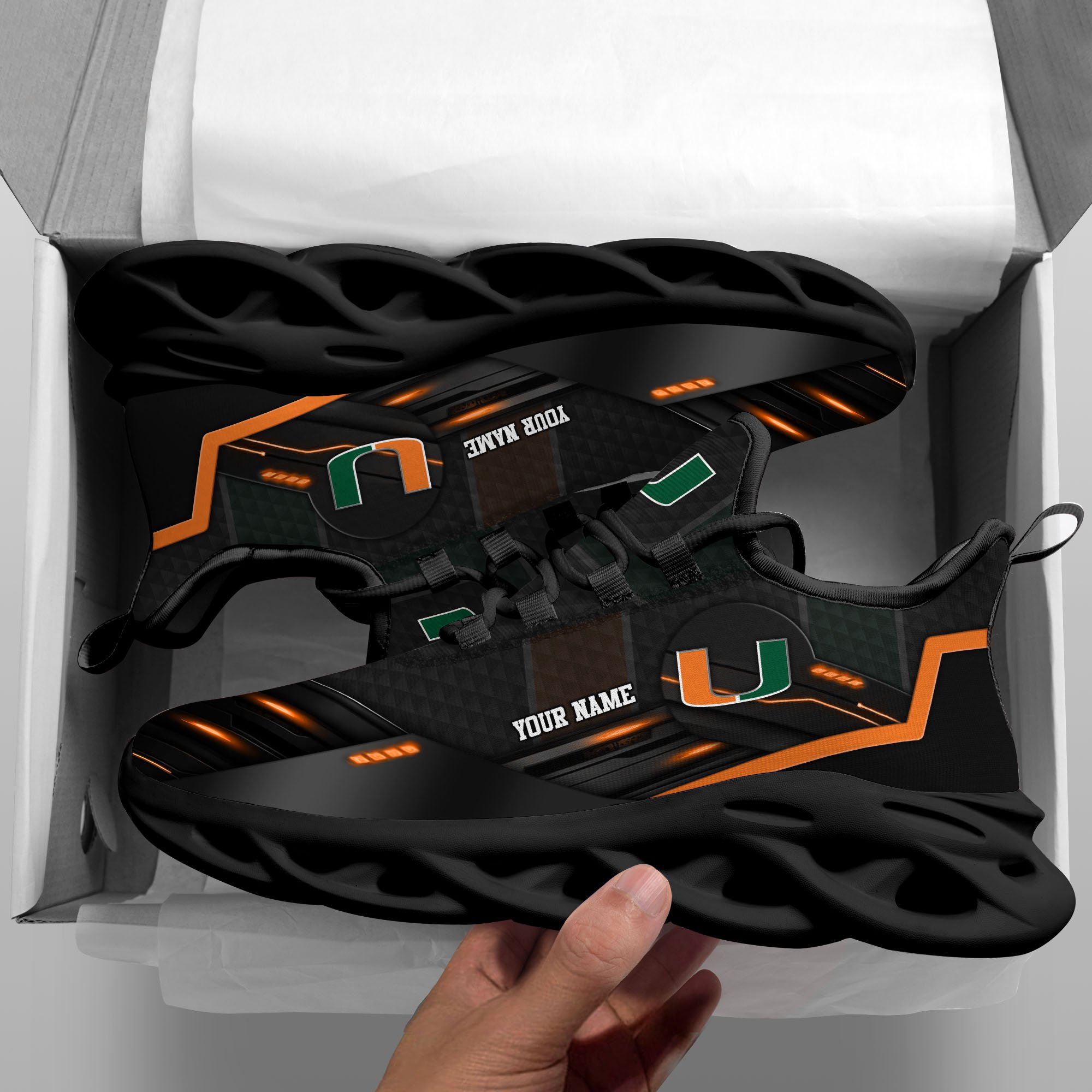 Miami Hurricanes Black Clunky Sneaker Custom Name, Max Soul Shoes, Sport Gifts For Fan