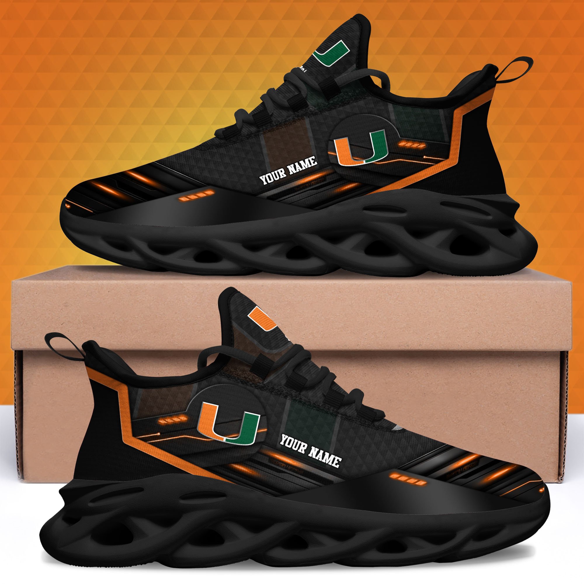 Miami Hurricanes Black Clunky Sneaker Custom Name, Max Soul Shoes, Sport Gifts For Fan