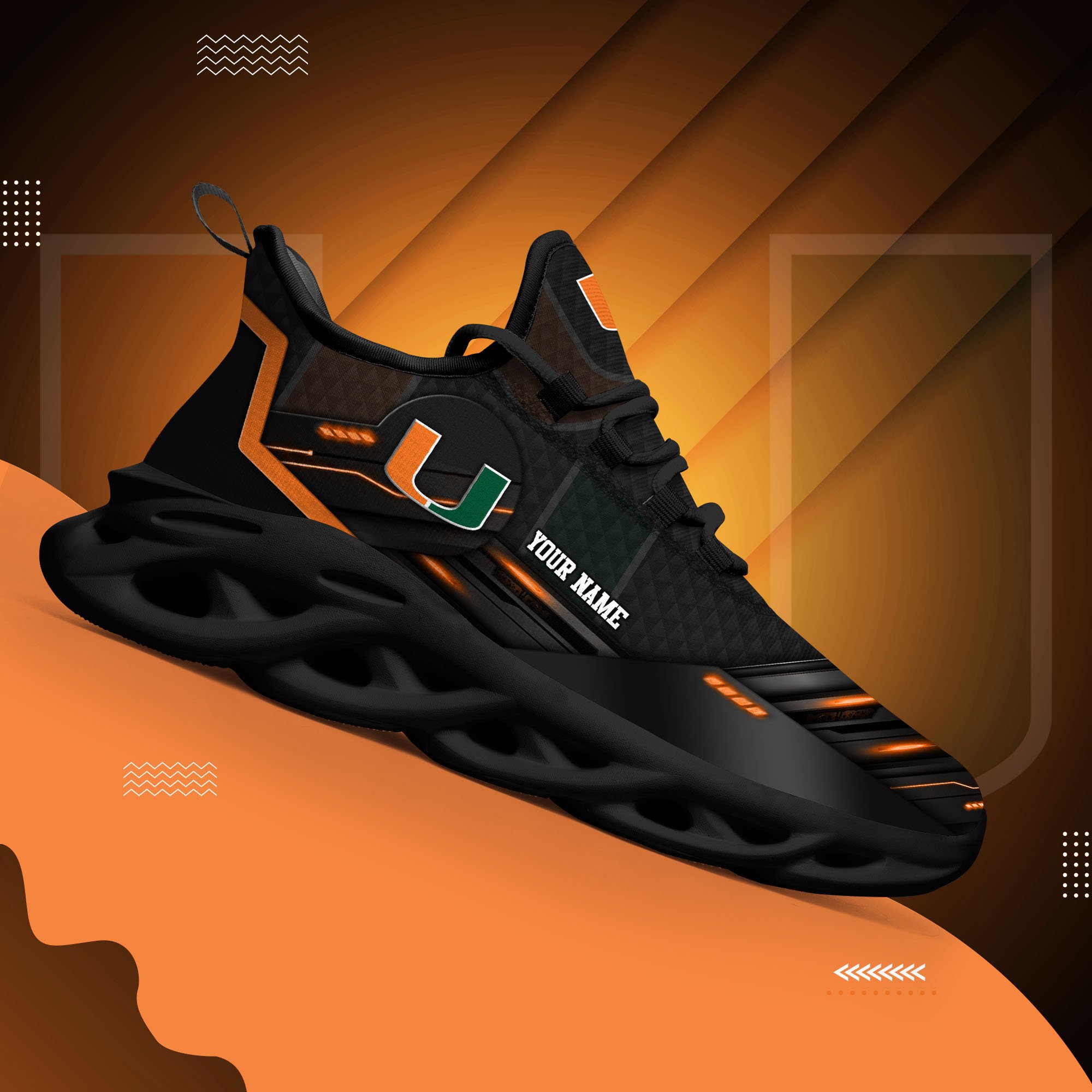 Miami Hurricanes Black Clunky Sneaker Custom Name, Max Soul Shoes, Sport Gifts For Fan