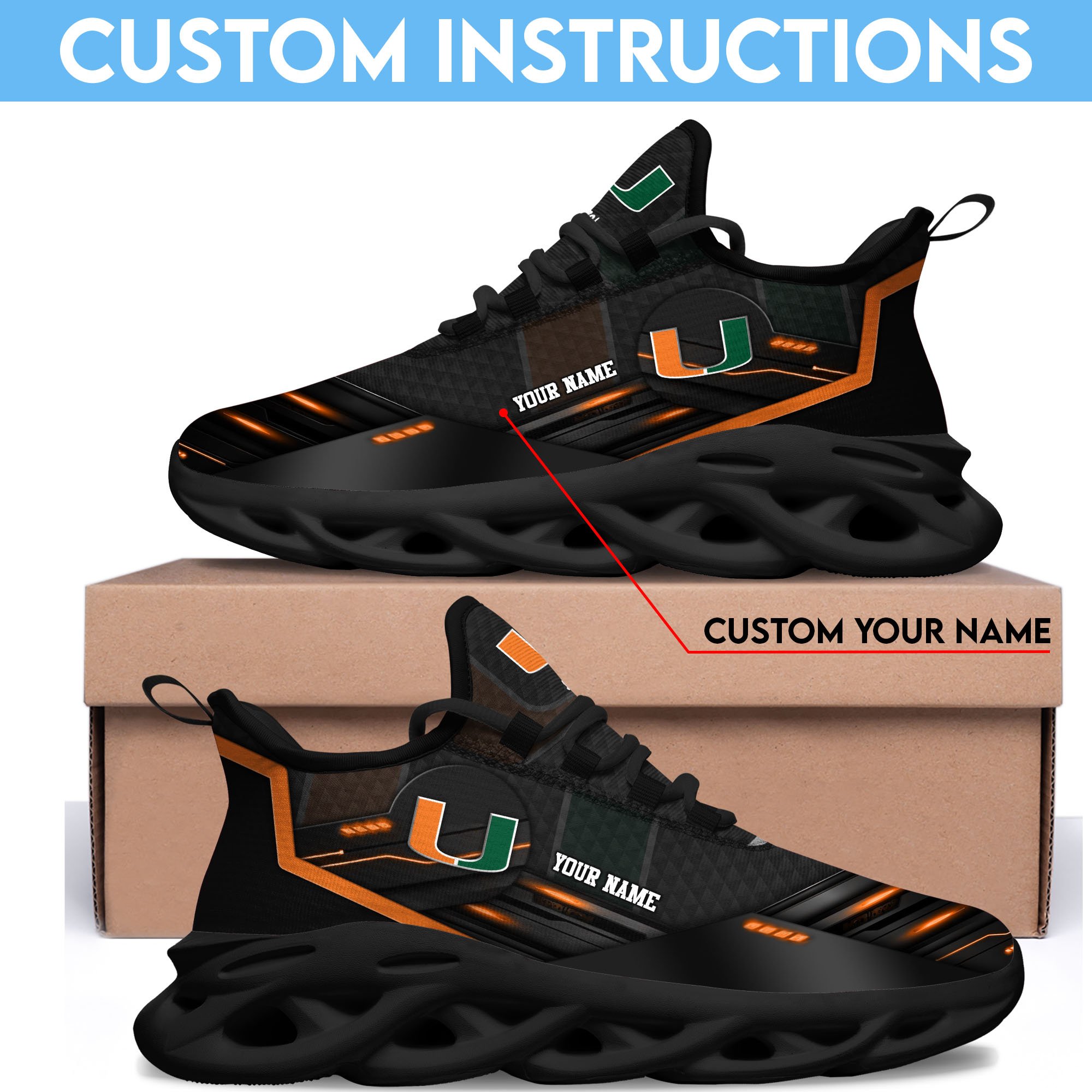 Miami Hurricanes Black Clunky Sneaker Custom Name, Max Soul Shoes, Sport Gifts For Fan