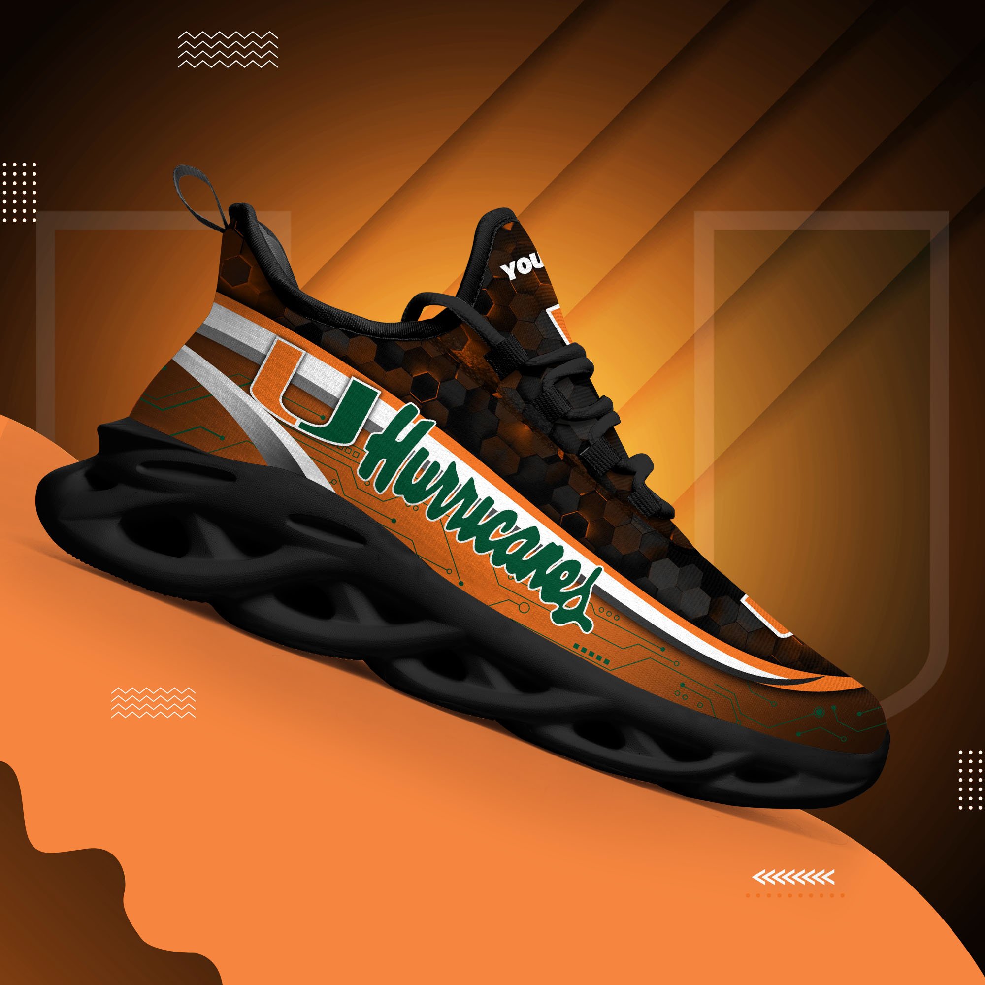 Miami Hurricanes Black Clunky Sneakers Custom Name, Max Soul Shoes, Sport Gifts
