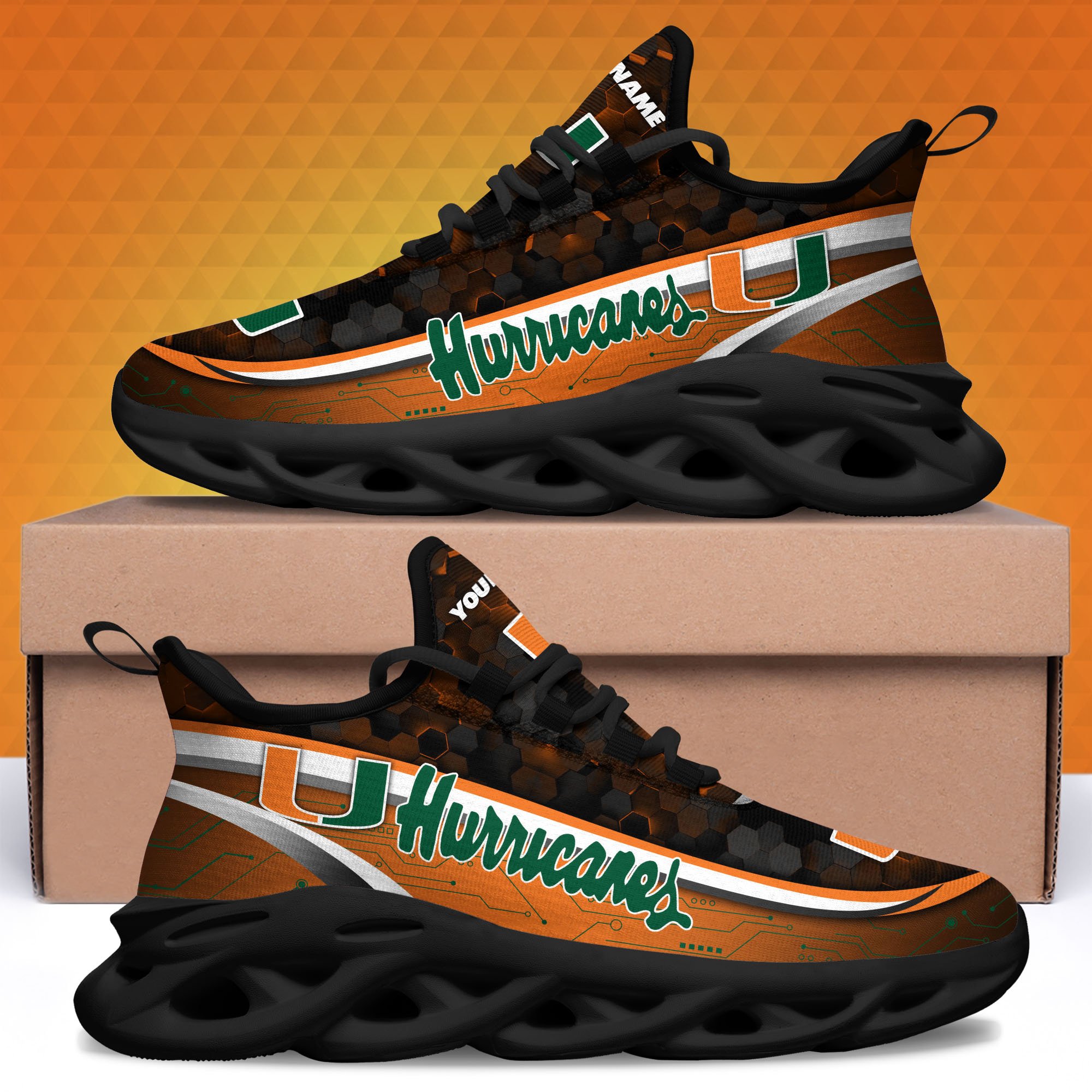 Miami Hurricanes Black Clunky Sneakers Custom Name, Max Soul Shoes, Sport Gifts