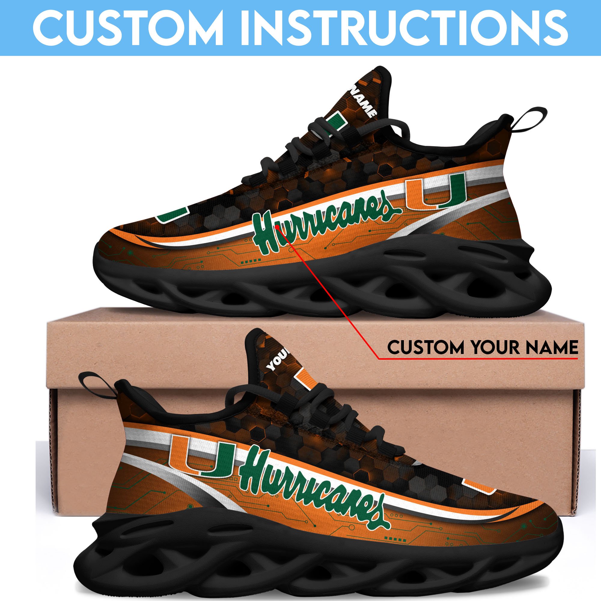 Miami Hurricanes Black Clunky Sneakers Custom Name, Max Soul Shoes, Sport Gifts
