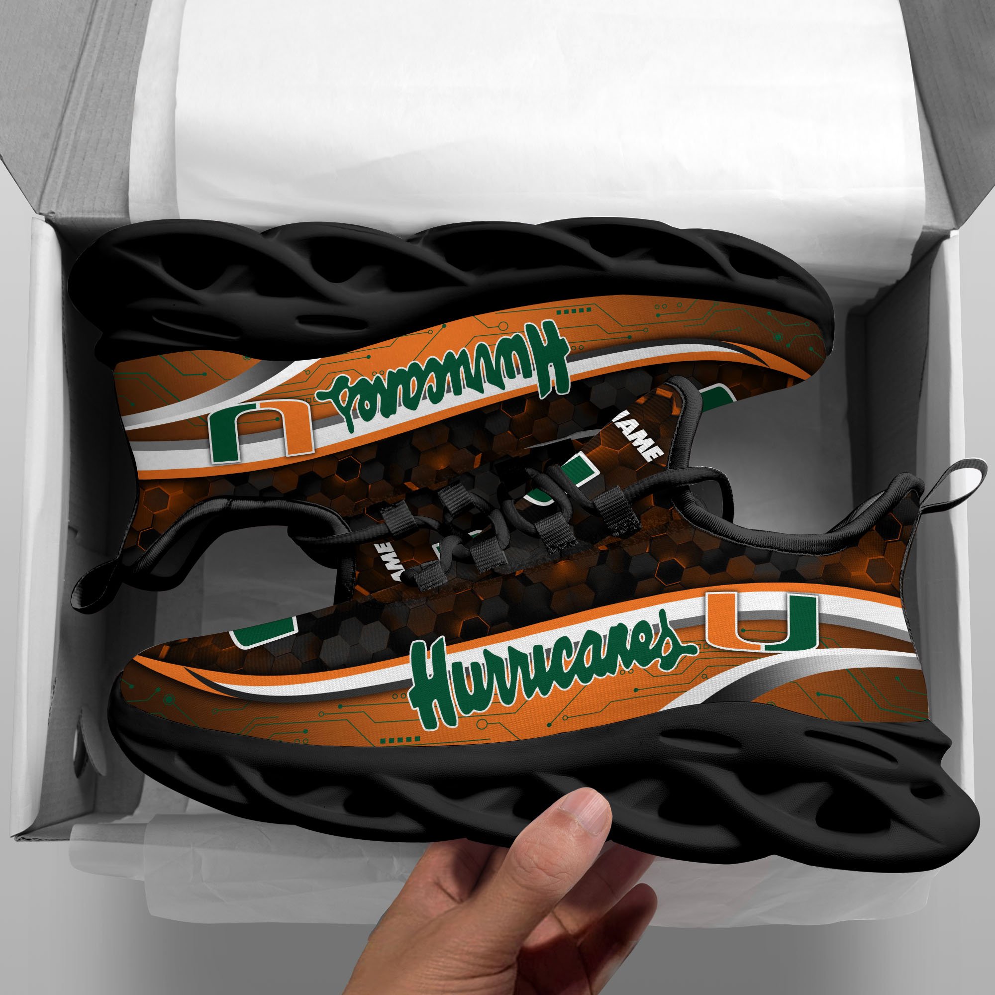Miami Hurricanes Black Clunky Sneakers Custom Name, Max Soul Shoes, Sport Gifts