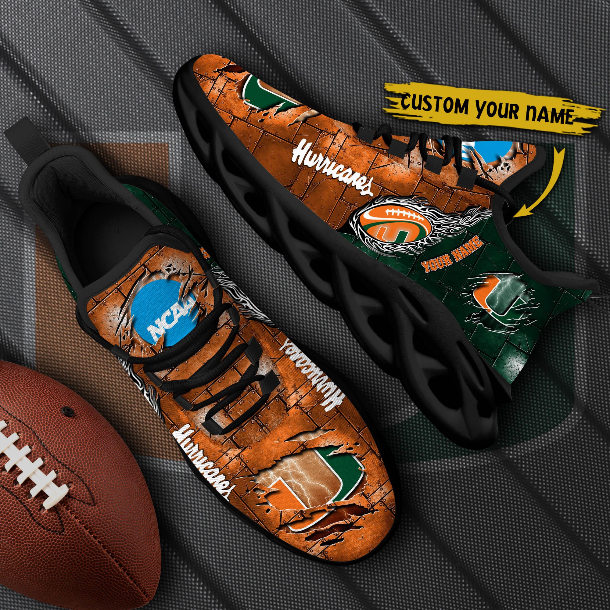 Miami Hurricanes Black Max Soul Shoes 2026 Versions, White Max Soul Shoes Custom Your Name PH879