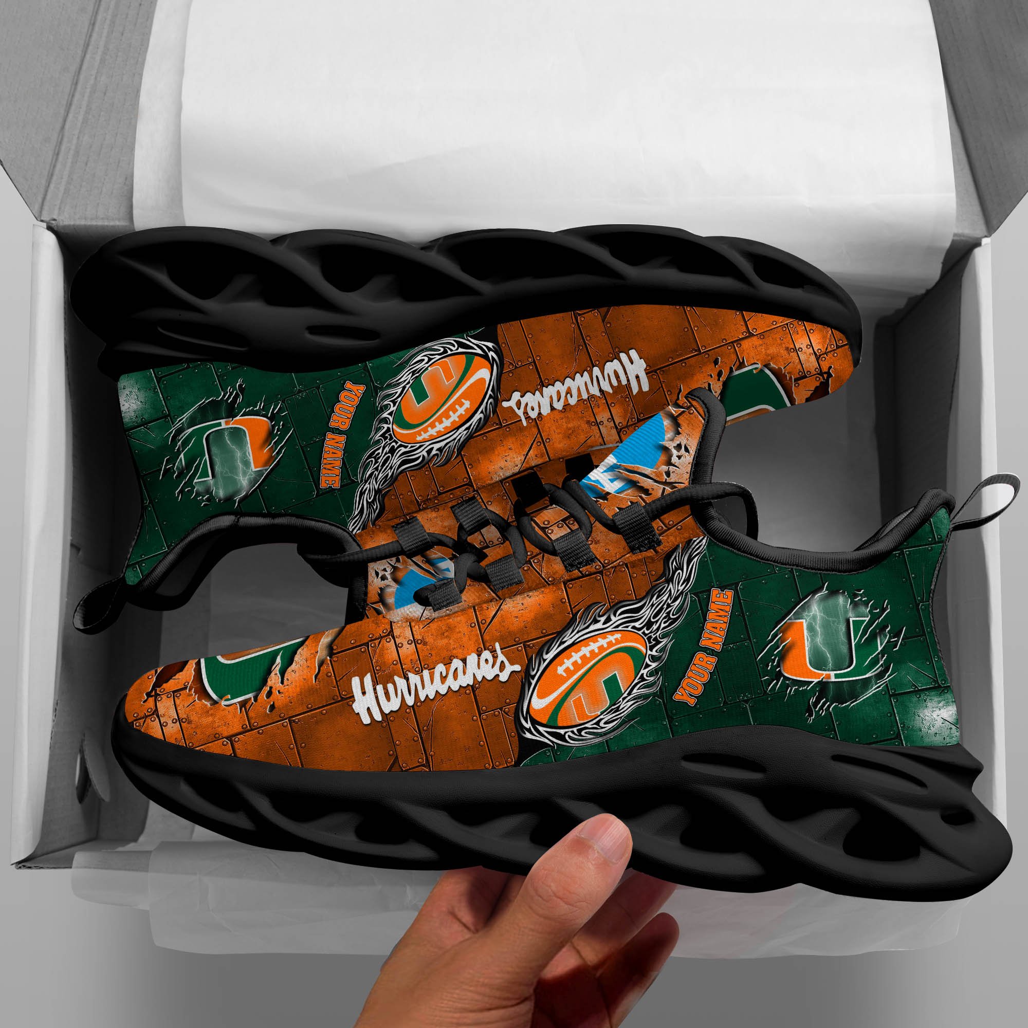 Miami Hurricanes Black Max Soul Shoes 2026 Versions, White Max Soul Shoes Custom Your Name PH879