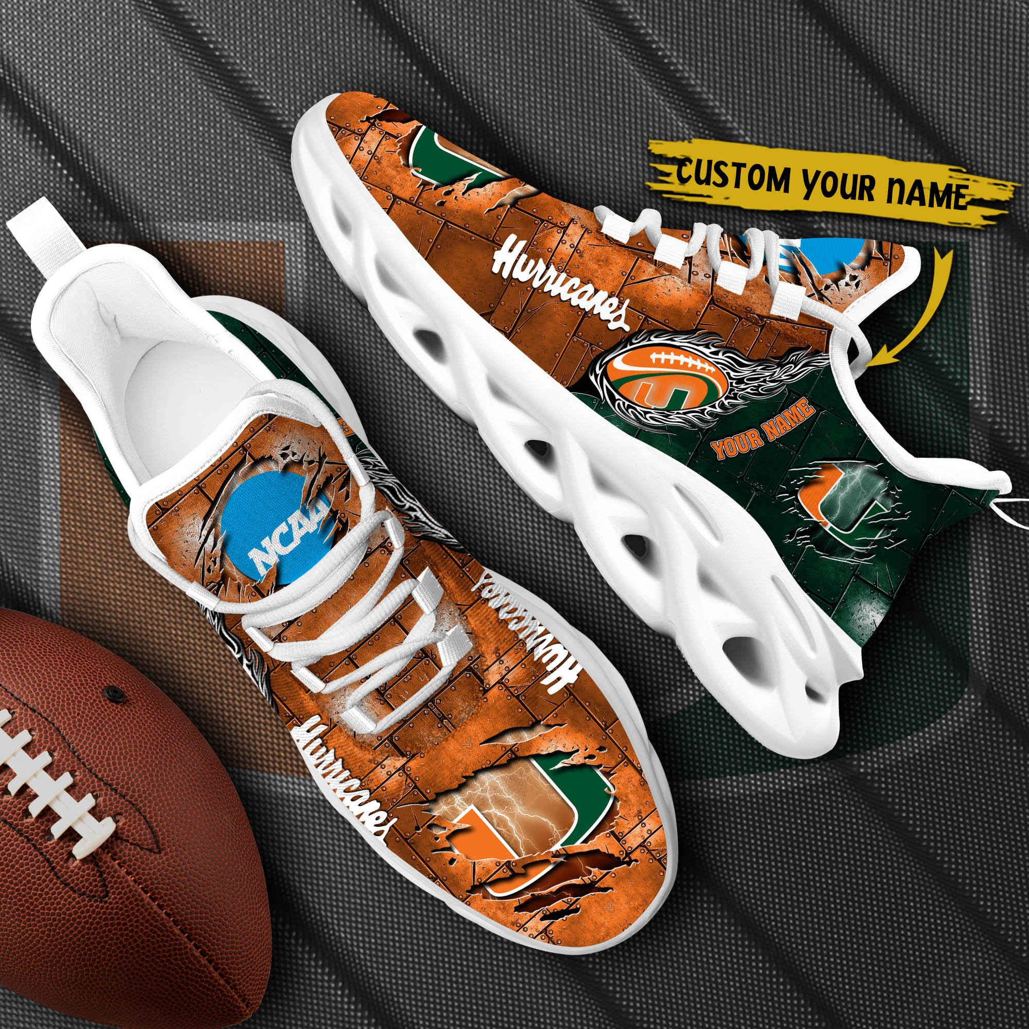 Miami Hurricanes Black Max Soul Shoes 2026 Versions, White Max Soul Shoes Custom Your Name PH879