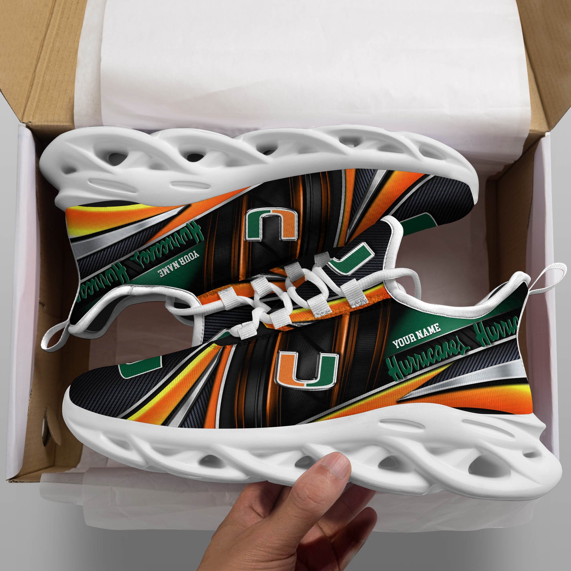 Miami Hurricanes White C Sneakers 2026 Version Personalized Your Name, Sport Team Sneakers, Sport Gifts PH892