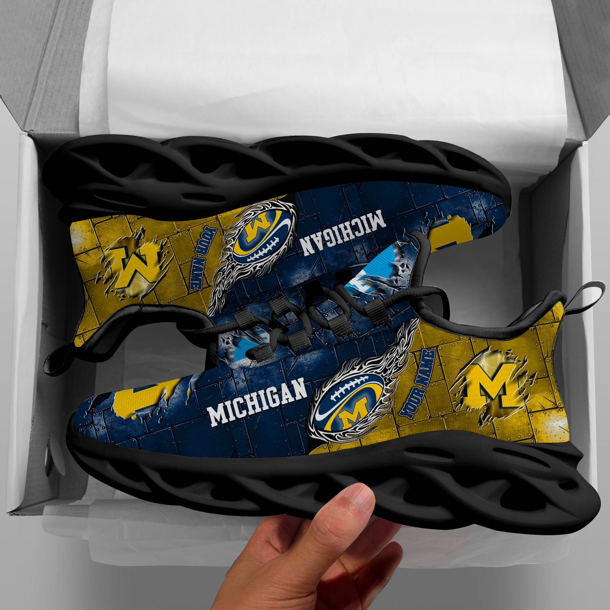 Michigan Wolverines Black Max Soul Shoes 2026 Versions, White Max Soul Shoes Custom Your Name PH879