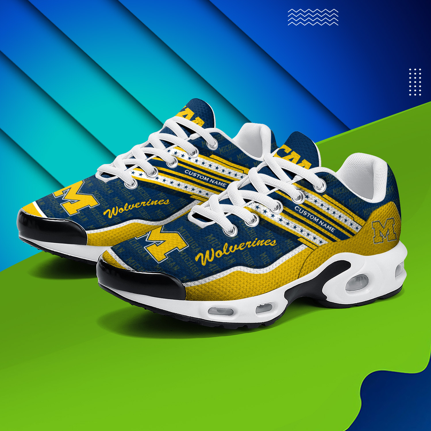 Michigan Wolverines Personalized Name Team Logo Mix Colors Star Line TN Air Max Shoes Air Cushion Sneakers