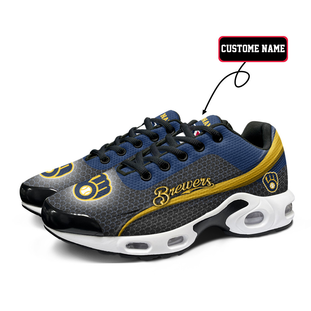 Milwaukee Brewers Personalized Name Team Colors Wave Line Beehive Pattern TN Air Max Shoes Air Cushion Sneakers