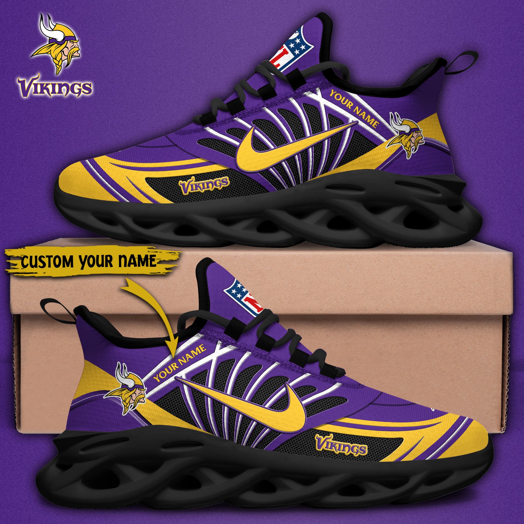 Minnesota Vikings Black Max Soul Shoes 2026 Versions Custom Name 898