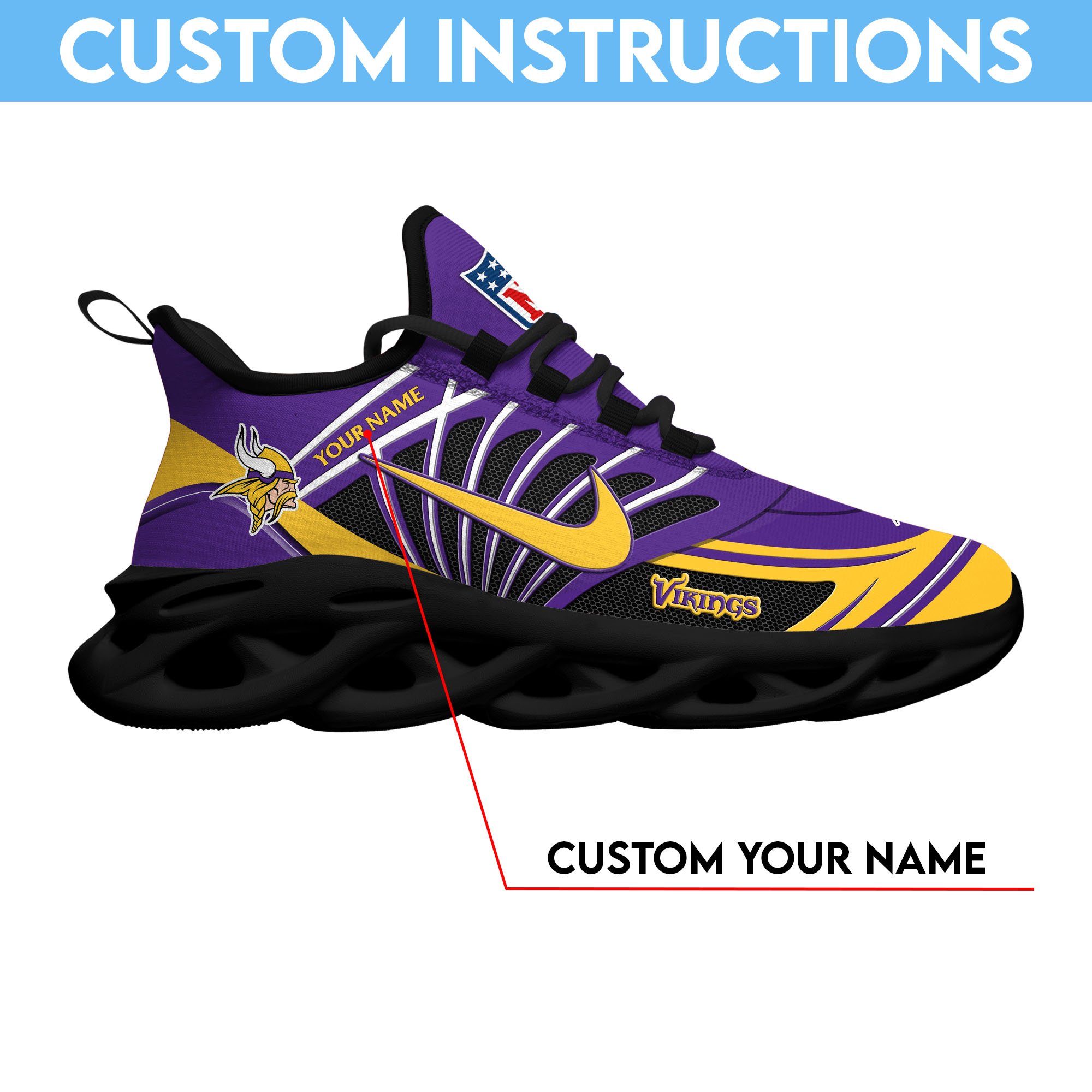 Minnesota Vikings Black Max Soul Shoes 2026 Versions Custom Name 898