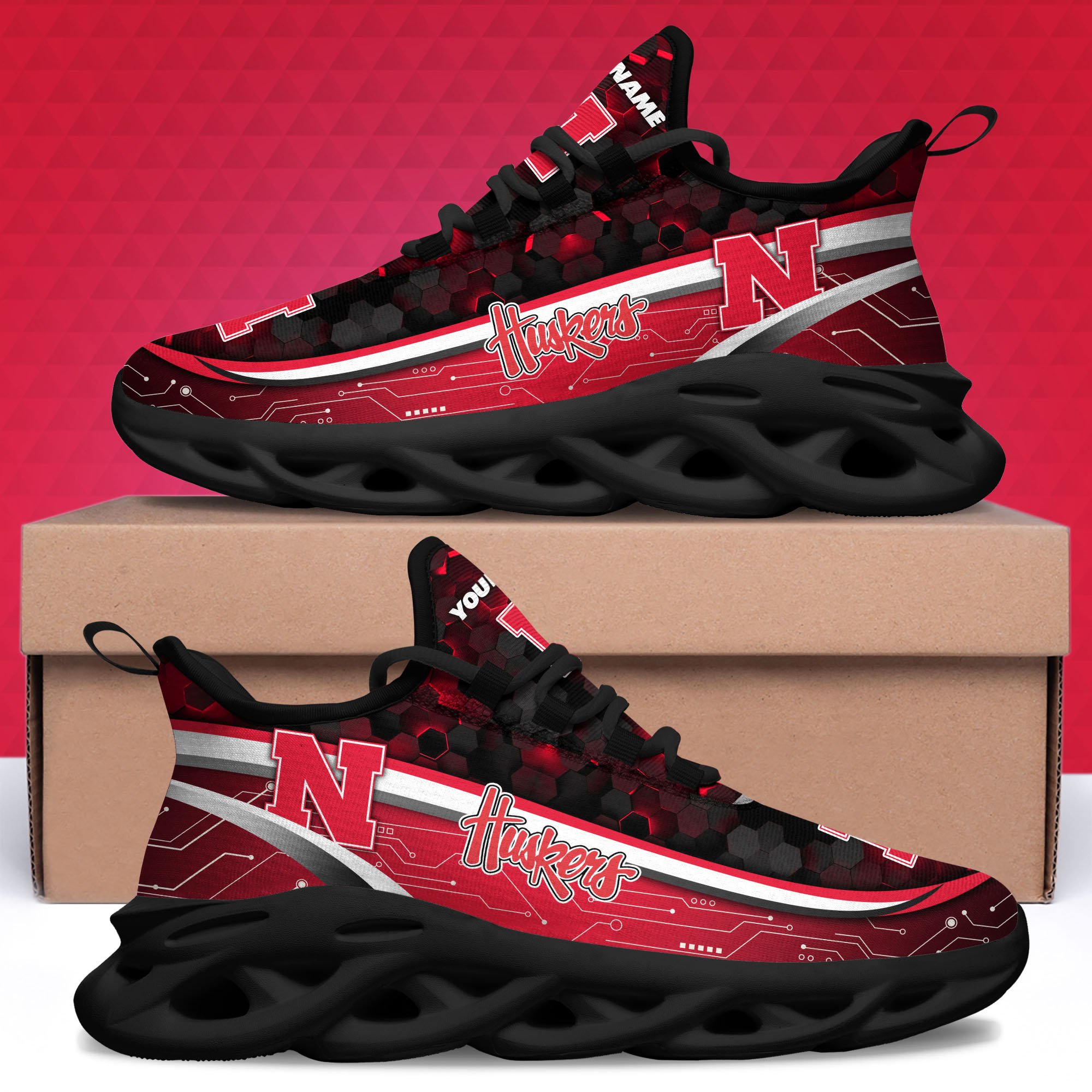 Nebraska Cornhuskers Black Clunky Sneakers Custom Name, Max Soul Shoes, Sport Gifts