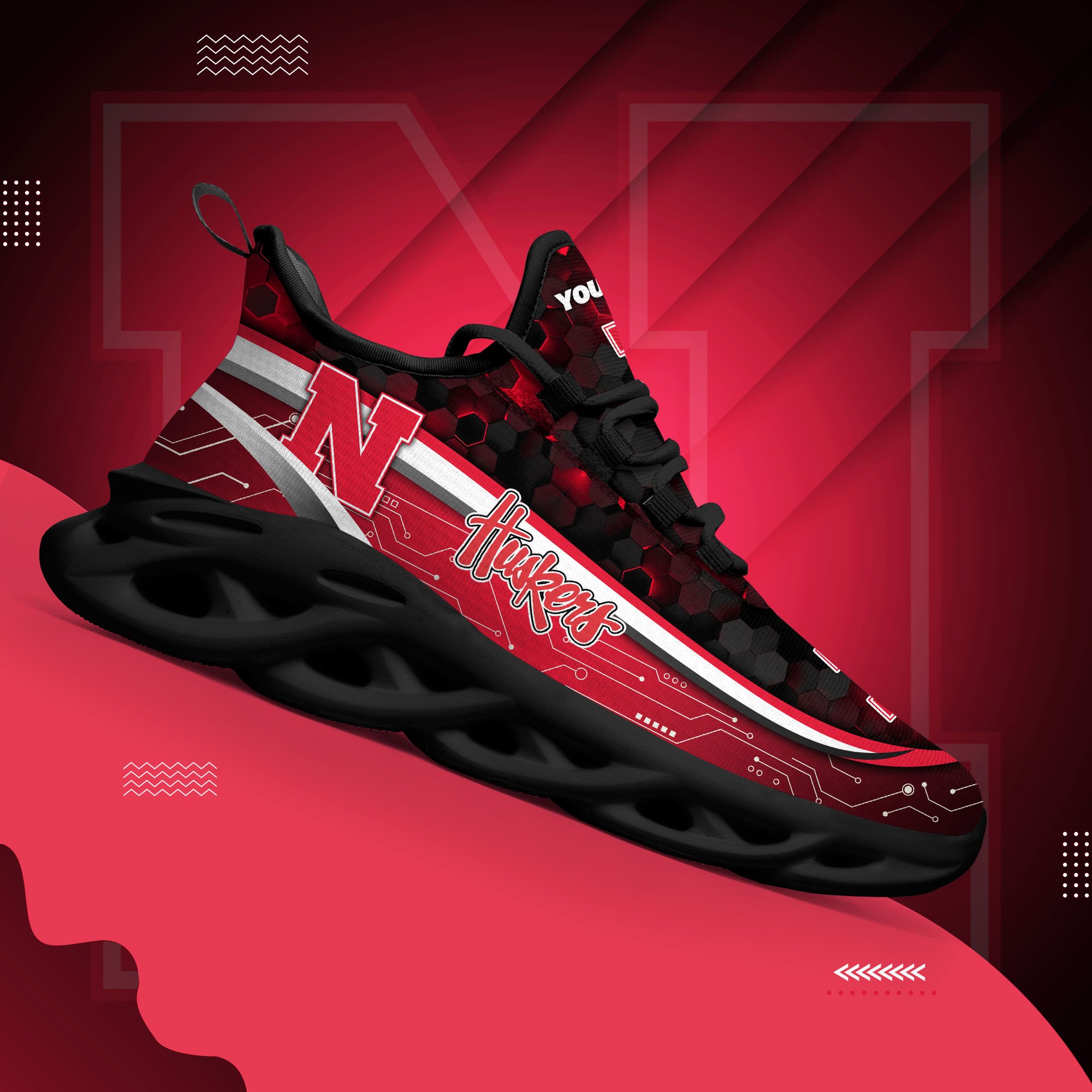 Nebraska Cornhuskers Black Clunky Sneakers Custom Name, Max Soul Shoes, Sport Gifts
