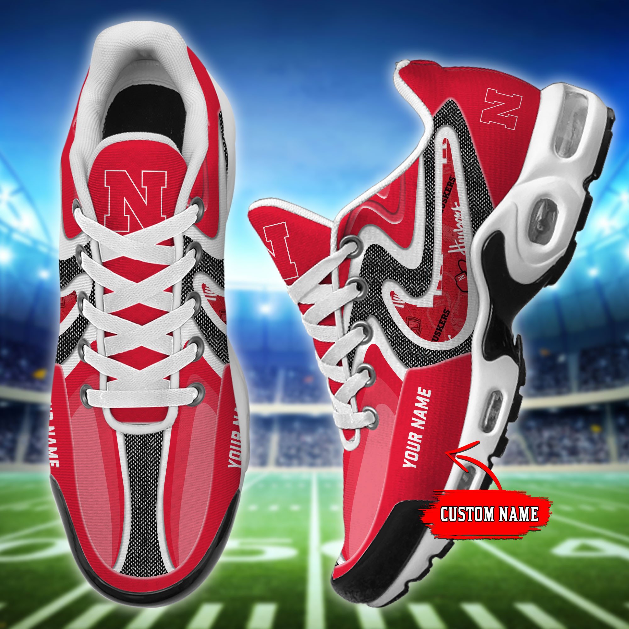 Nebraska Cornhuskers Personalized Name Team Checkmark Logo Mix Colors Stitch Line TN Shoes Air Cushion Sneakers