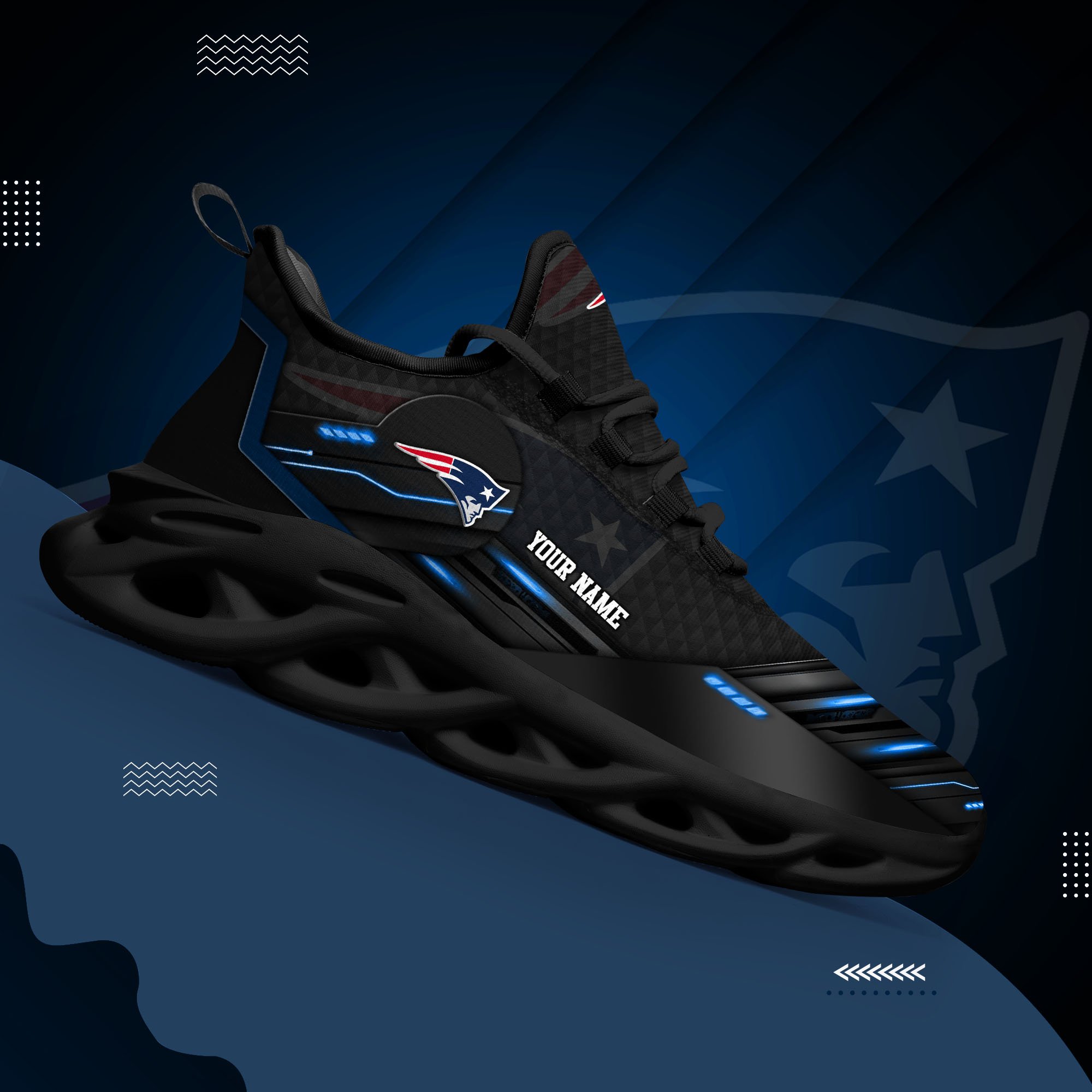 New England Patriots Black Clunky Sneaker Custom Name, Max Soul Shoes, Sport Gifts For Fan