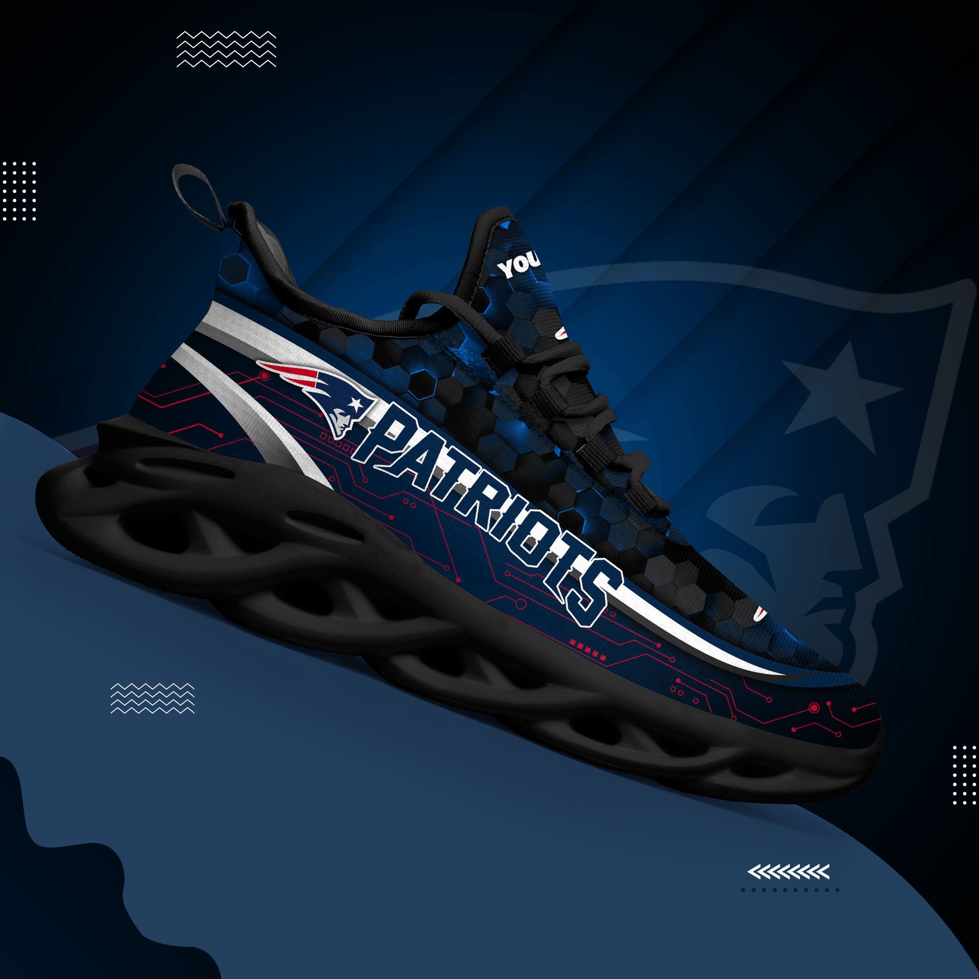 New England Patriots Black Clunky Sneakers Custom Name, Max Soul Shoes, Sport Gifts