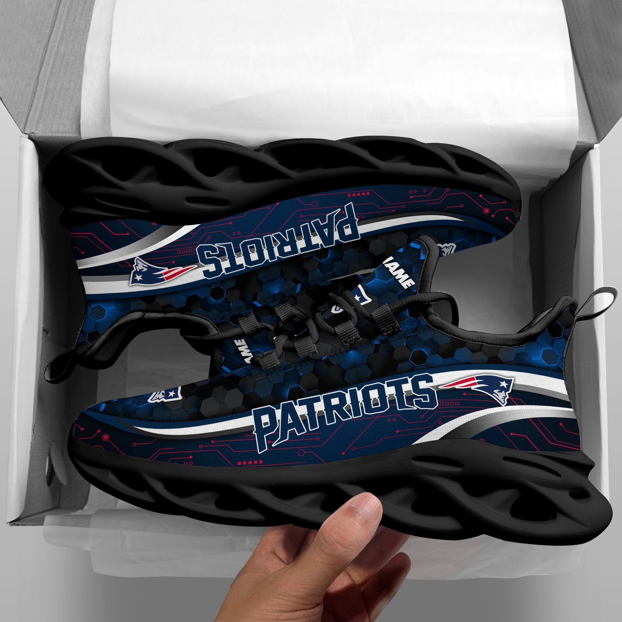 New England Patriots Black Clunky Sneakers Custom Name, Max Soul Shoes, Sport Gifts