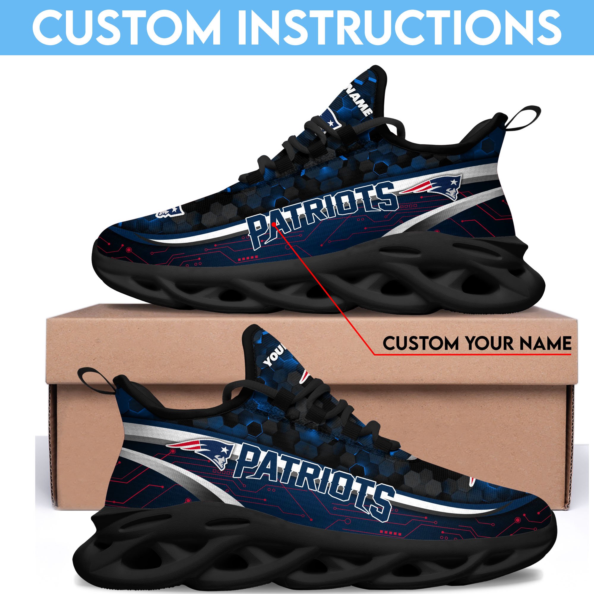 New England Patriots Black Clunky Sneakers Custom Name, Max Soul Shoes, Sport Gifts