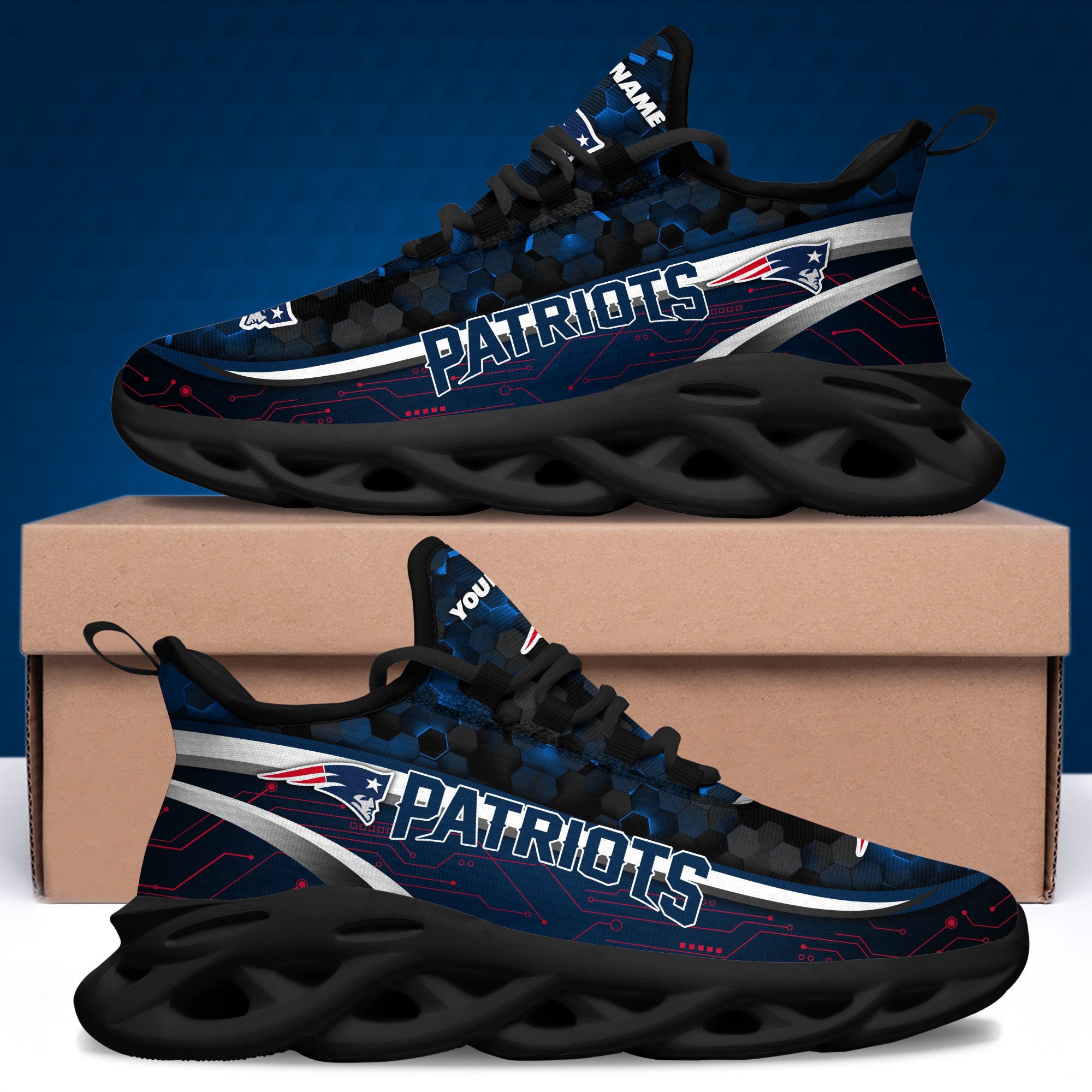 New England Patriots Black Clunky Sneakers Custom Name, Max Soul Shoes, Sport Gifts