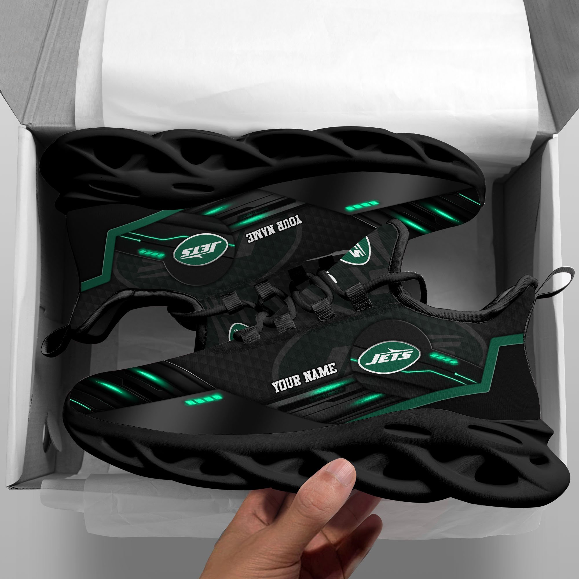 New York Jets Black Clunky Sneaker Custom Name, Max Soul Shoes, Sport Gifts For Fan