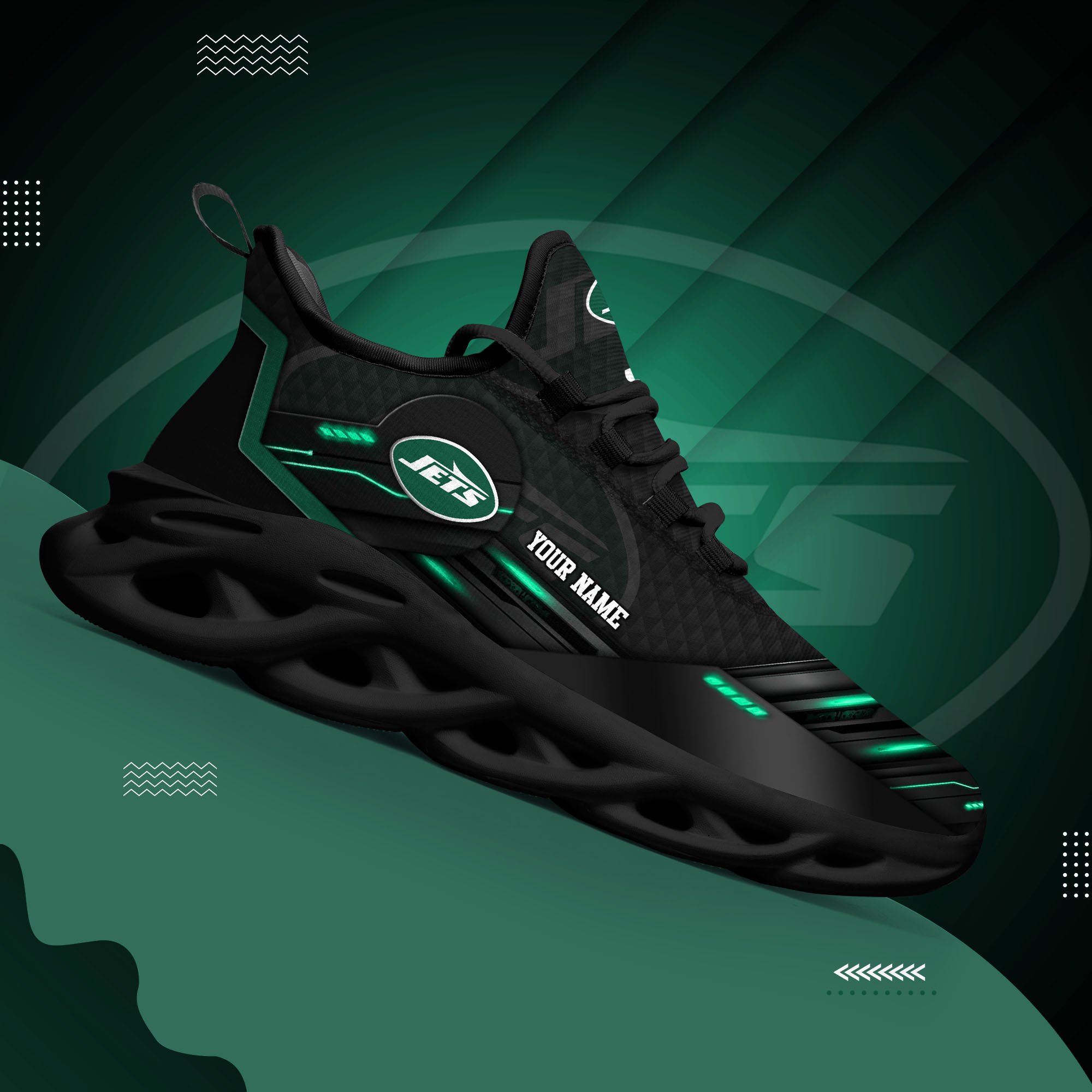 New York Jets Black Clunky Sneaker Custom Name, Max Soul Shoes, Sport Gifts For Fan
