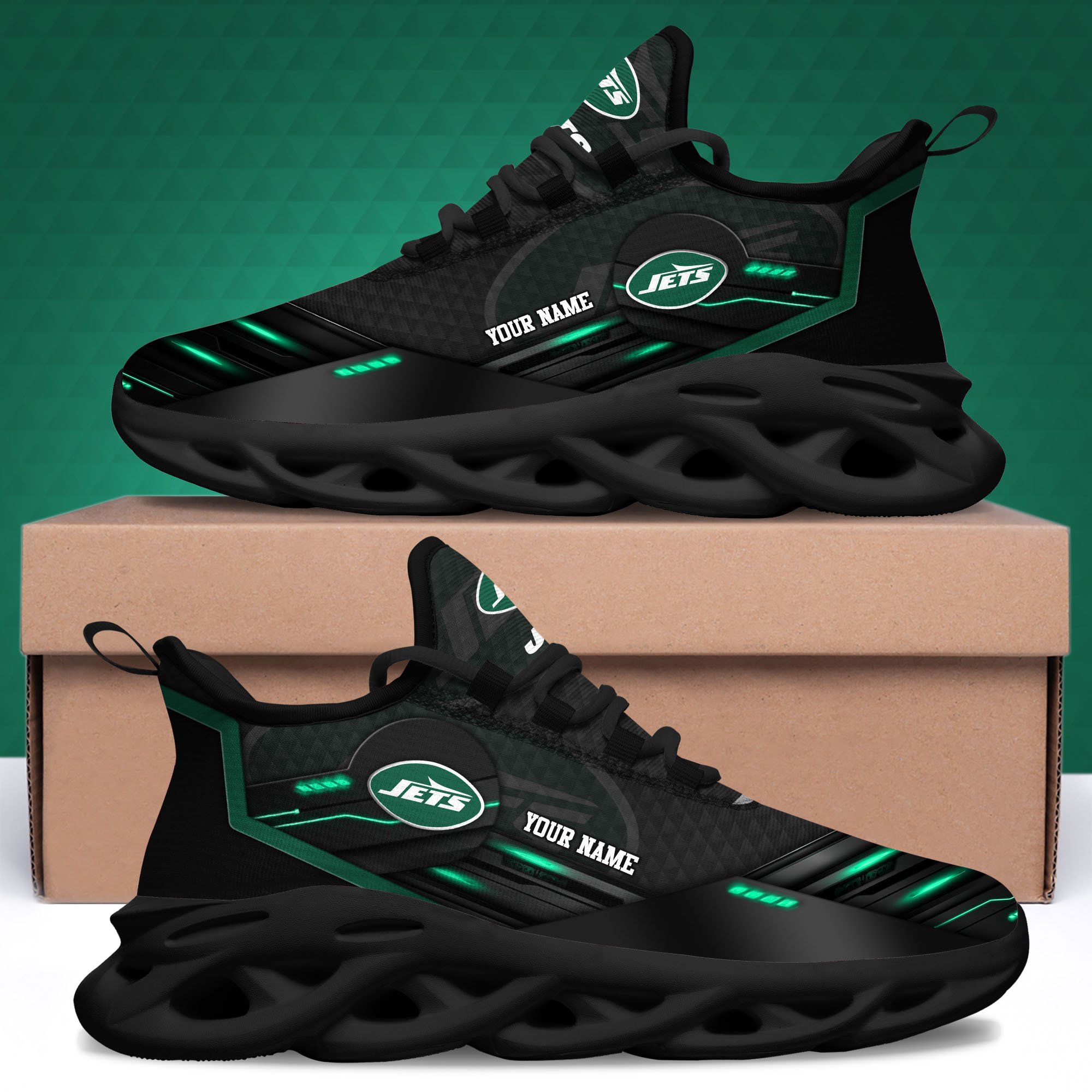 New York Jets Black Clunky Sneaker Custom Name, Max Soul Shoes, Sport Gifts For Fan