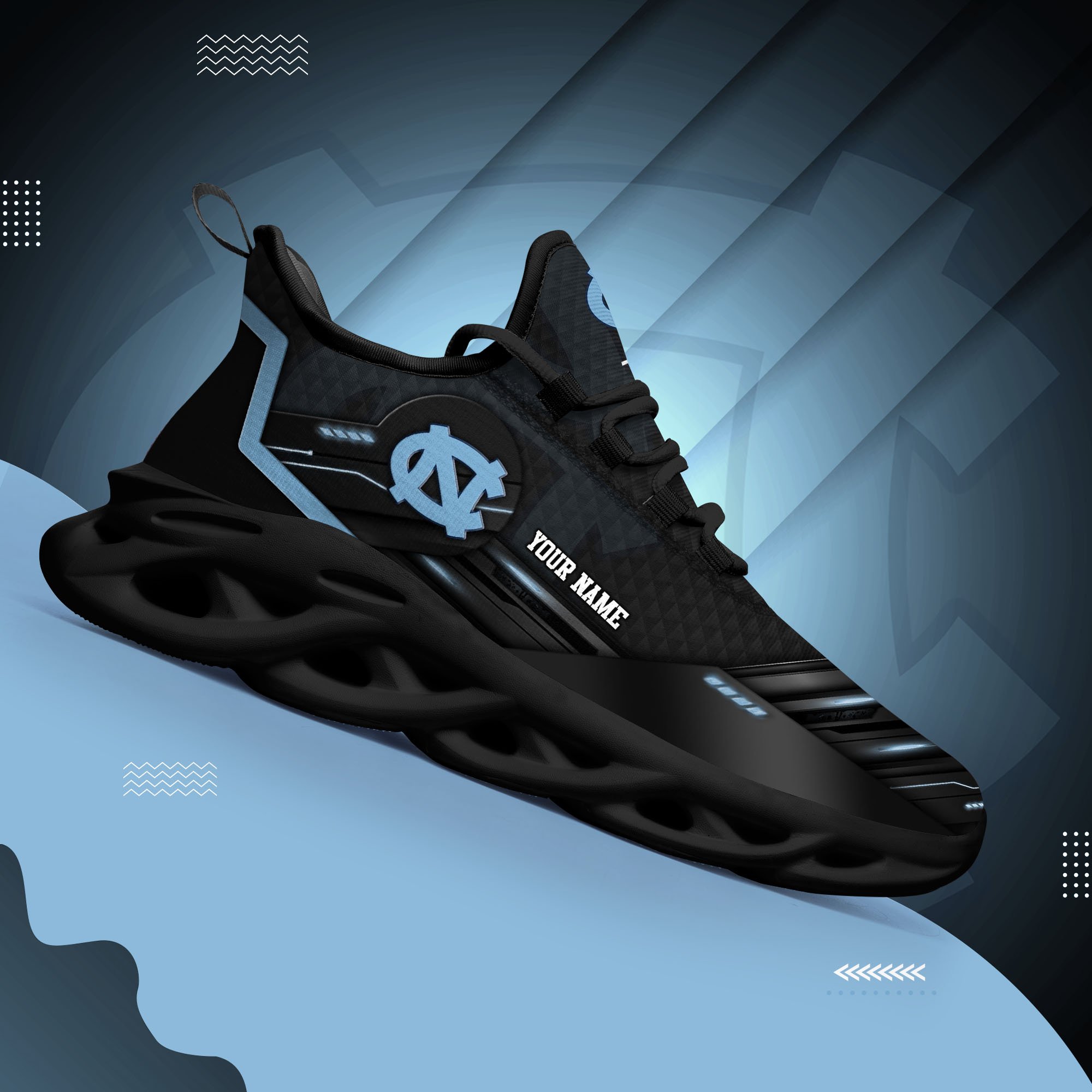 North Carolina Tar Heels Black Clunky Sneaker Custom Name, Max Soul Shoes, Sport Gifts For Fan