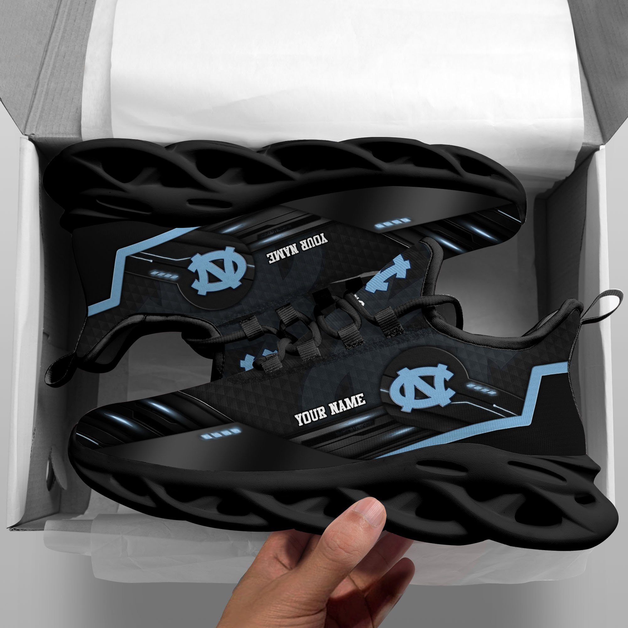 North Carolina Tar Heels Black Clunky Sneaker Custom Name, Max Soul Shoes, Sport Gifts For Fan