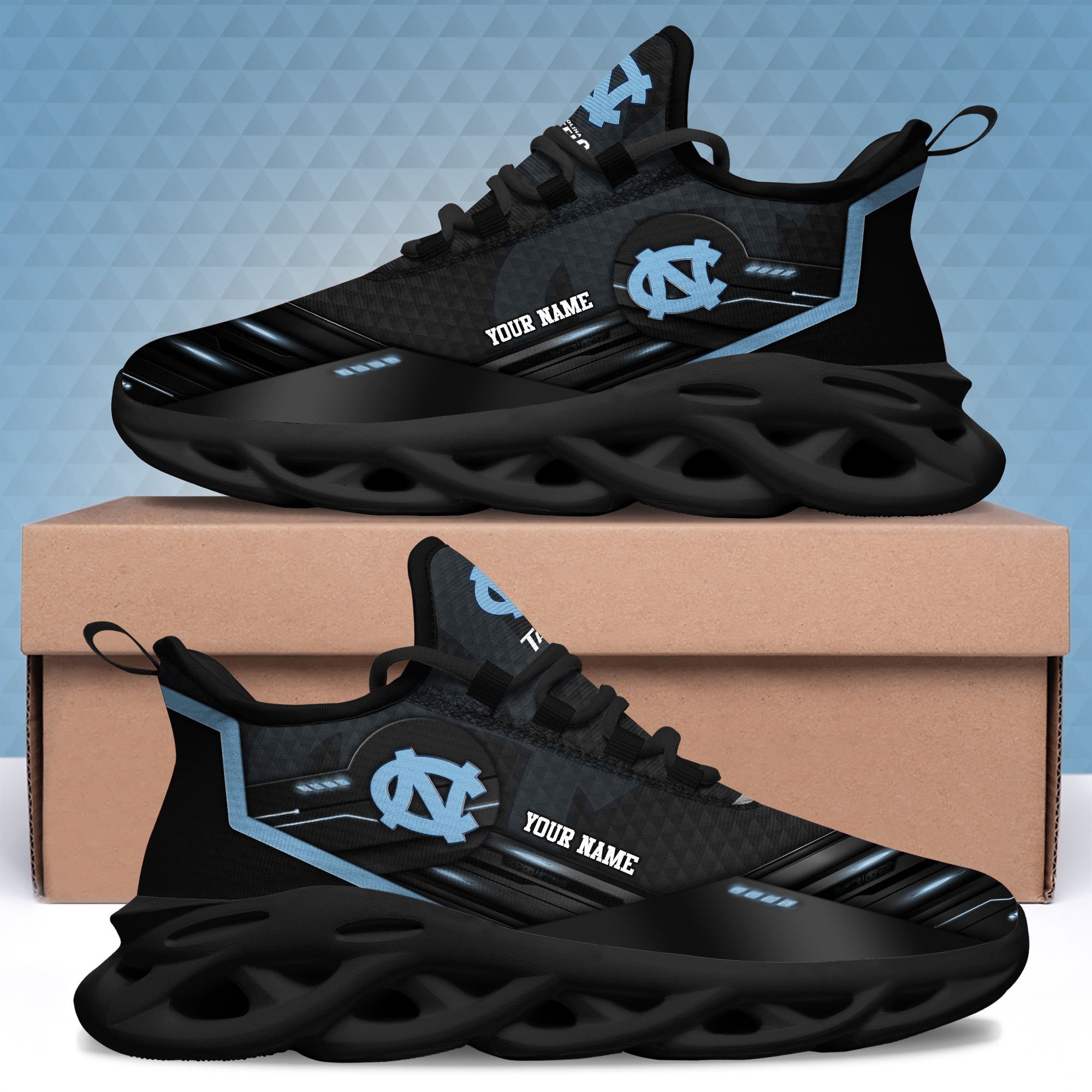 North Carolina Tar Heels Black Clunky Sneaker Custom Name, Max Soul Shoes, Sport Gifts For Fan