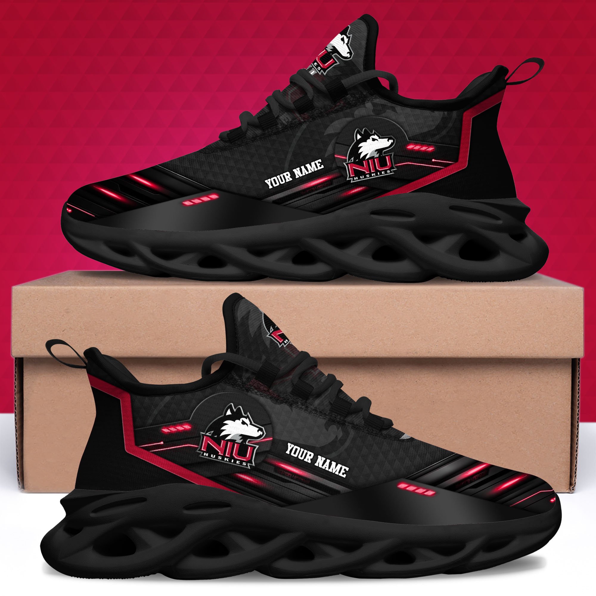 Northern Illinois Huskies Black Clunky Sneaker Custom Name, Max Soul Shoes, Sport Gifts For Fan