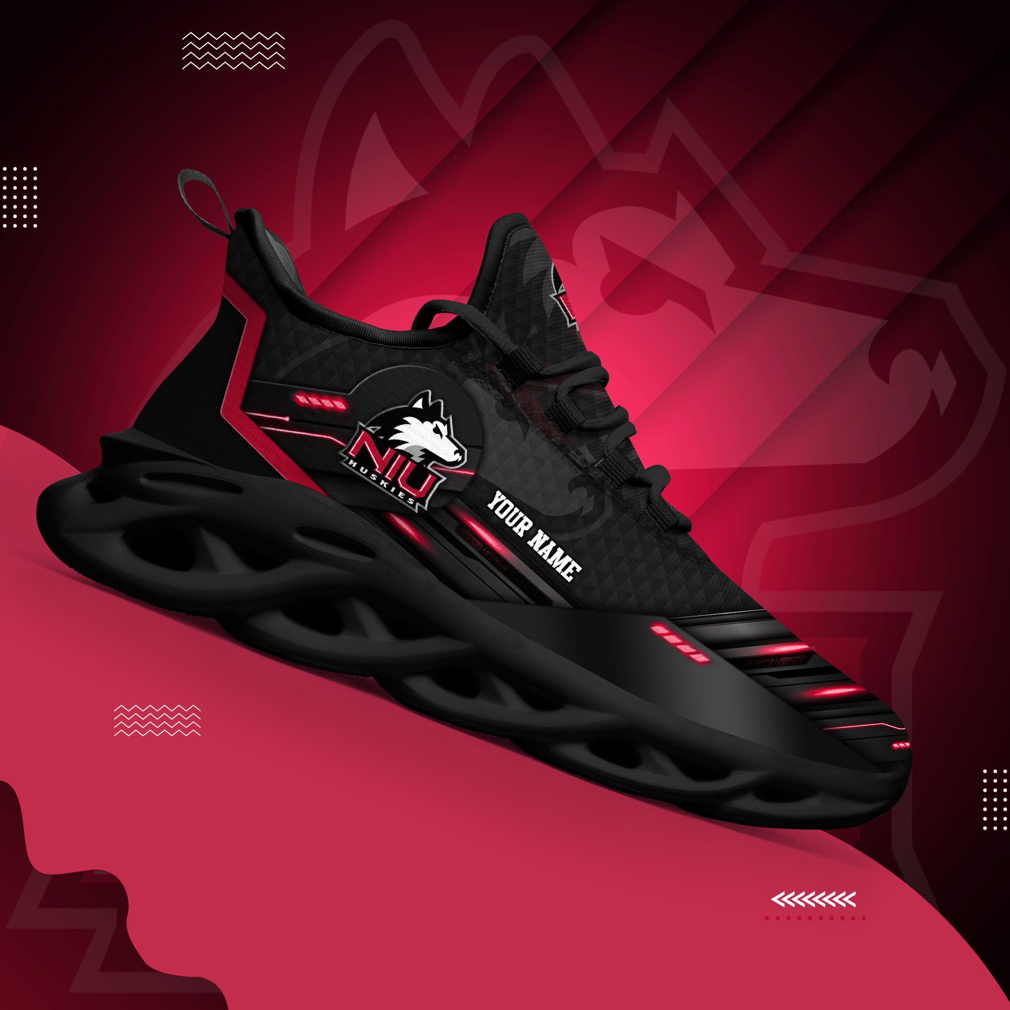 Northern Illinois Huskies Black Clunky Sneaker Custom Name, Max Soul Shoes, Sport Gifts For Fan
