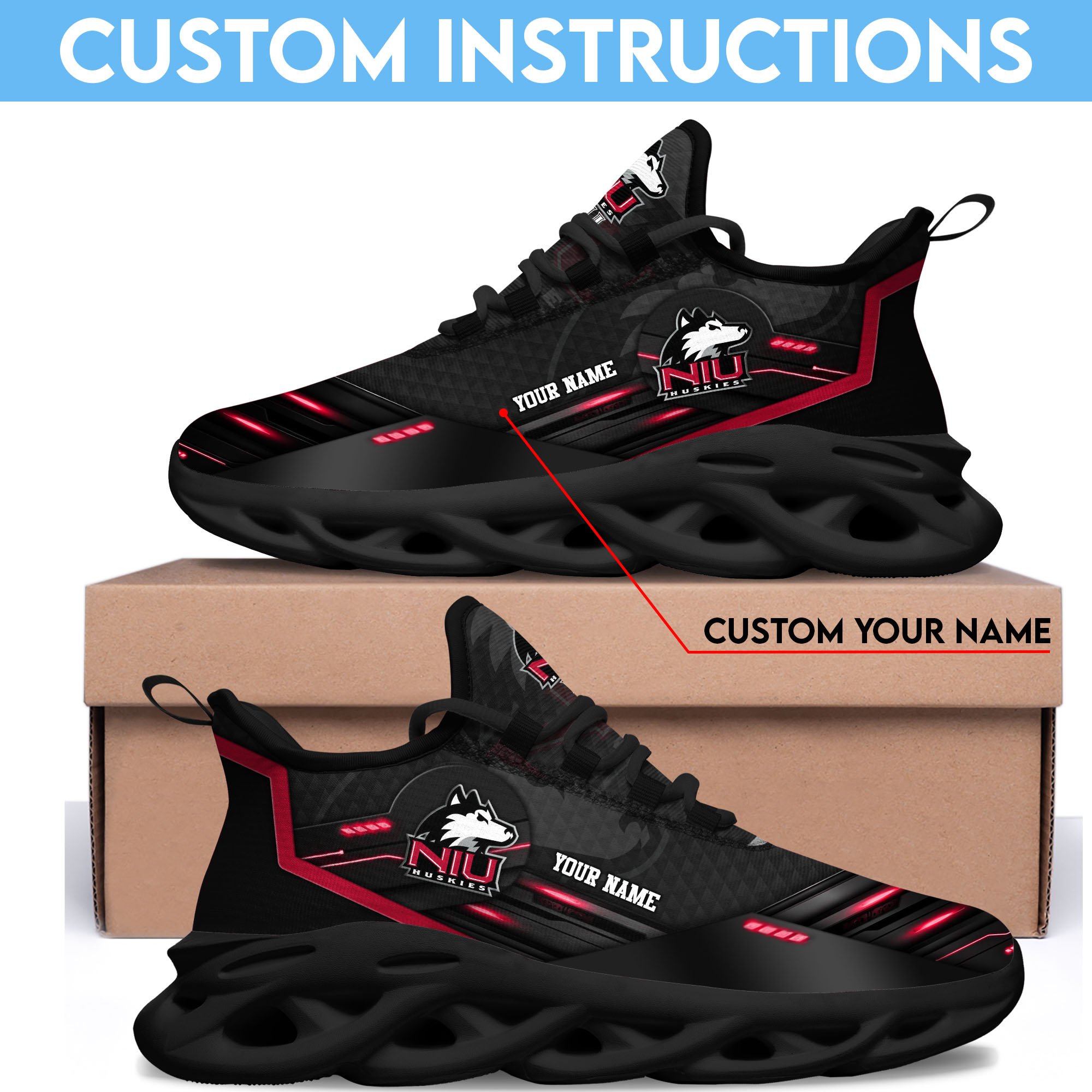 Northern Illinois Huskies Black Clunky Sneaker Custom Name, Max Soul Shoes, Sport Gifts For Fan