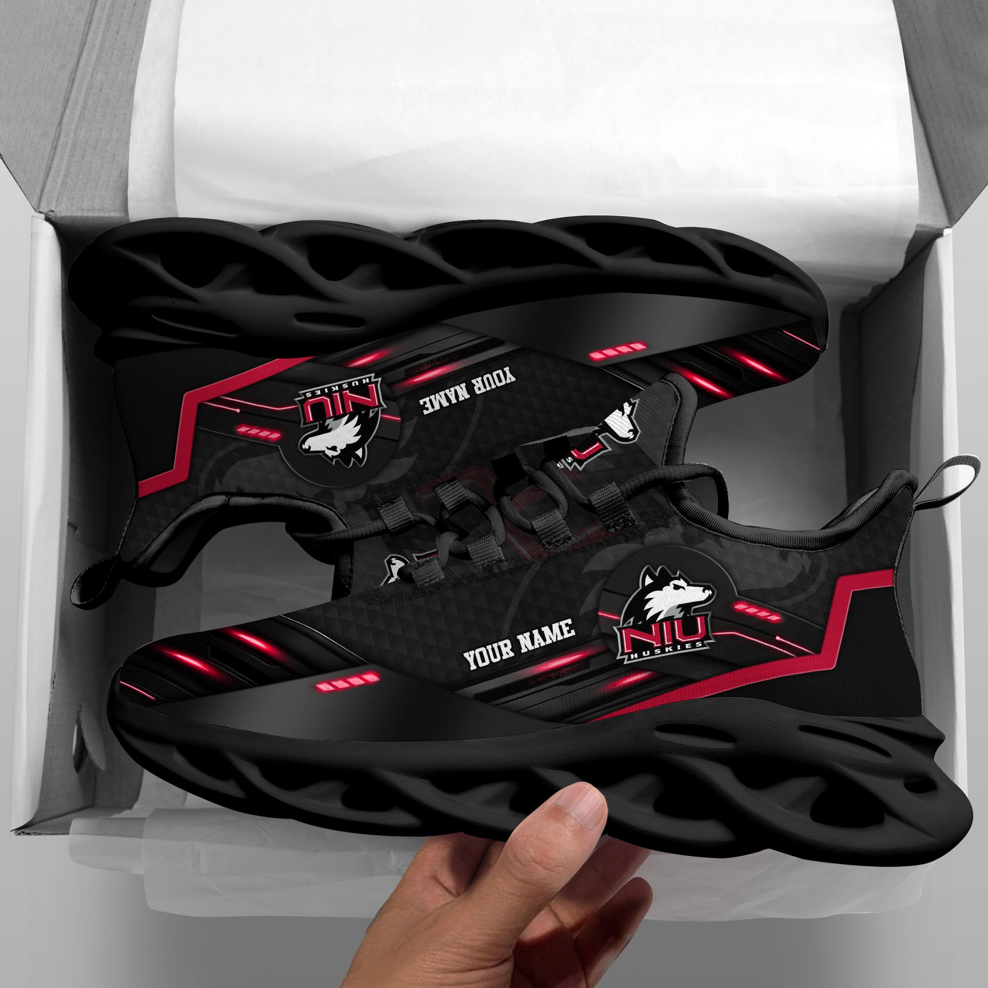 Northern Illinois Huskies Black Clunky Sneaker Custom Name, Max Soul Shoes, Sport Gifts For Fan