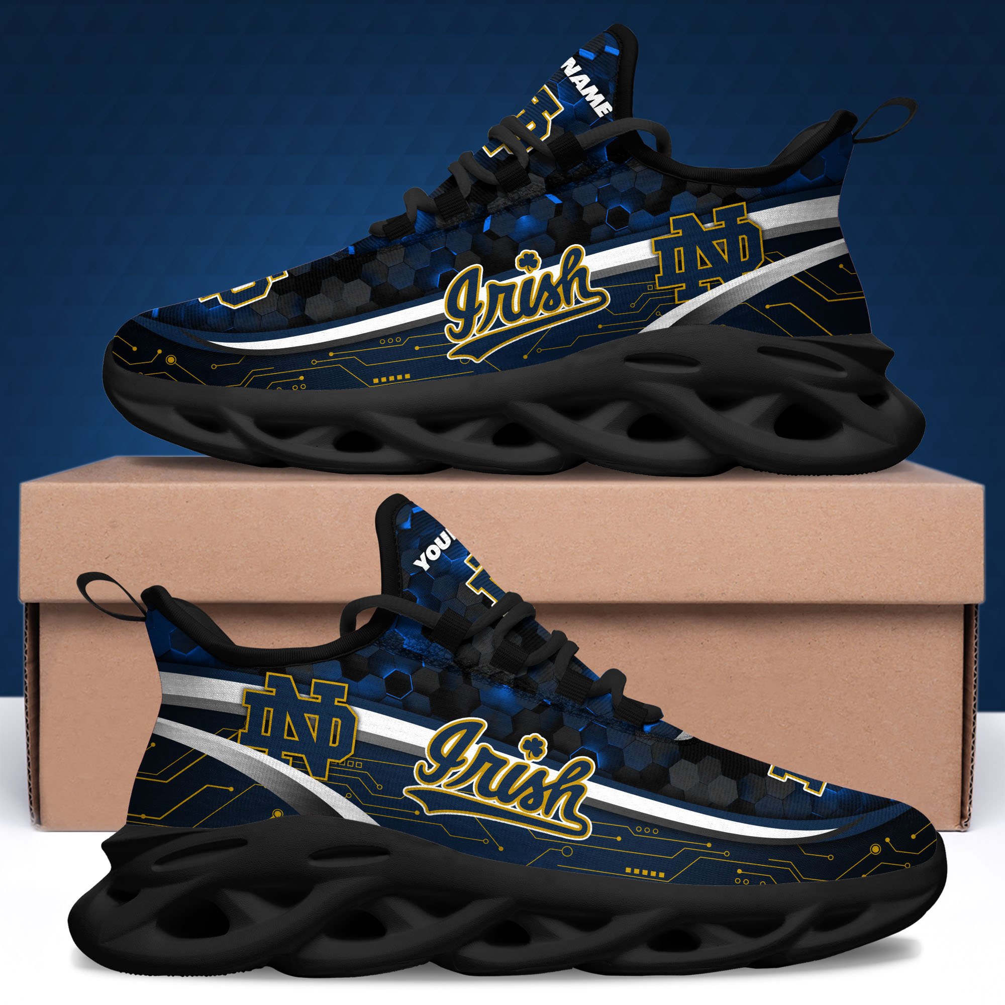 Notre Dame Fighting Irish Black Clunky Sneakers Custom Name, Max Soul Shoes, Sport Gifts
