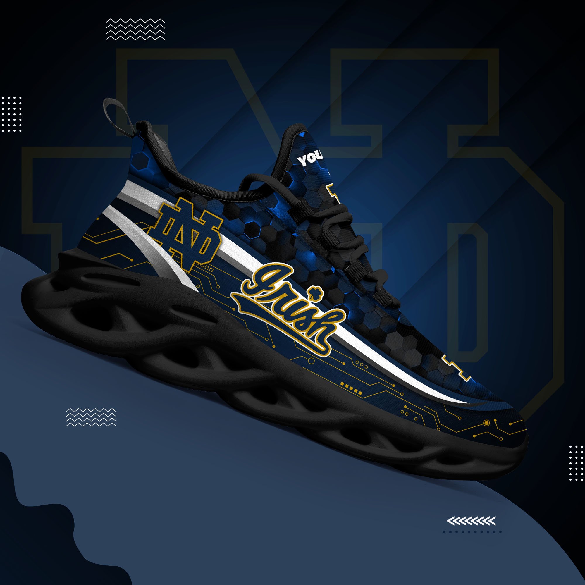 Notre Dame Fighting Irish Black Clunky Sneakers Custom Name, Max Soul Shoes, Sport Gifts
