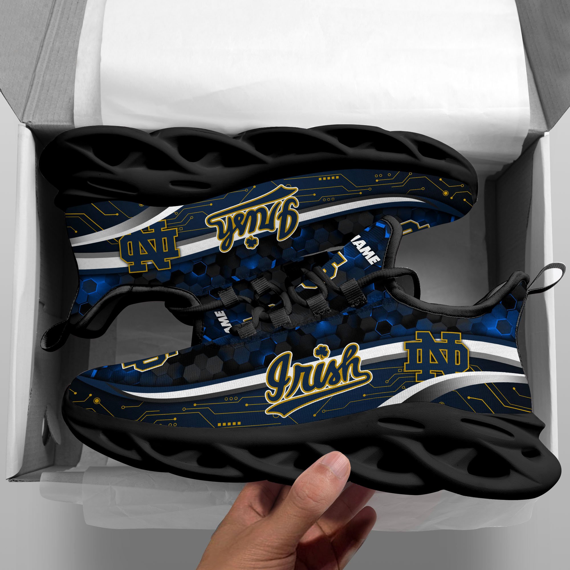 Notre Dame Fighting Irish Black Clunky Sneakers Custom Name, Max Soul Shoes, Sport Gifts
