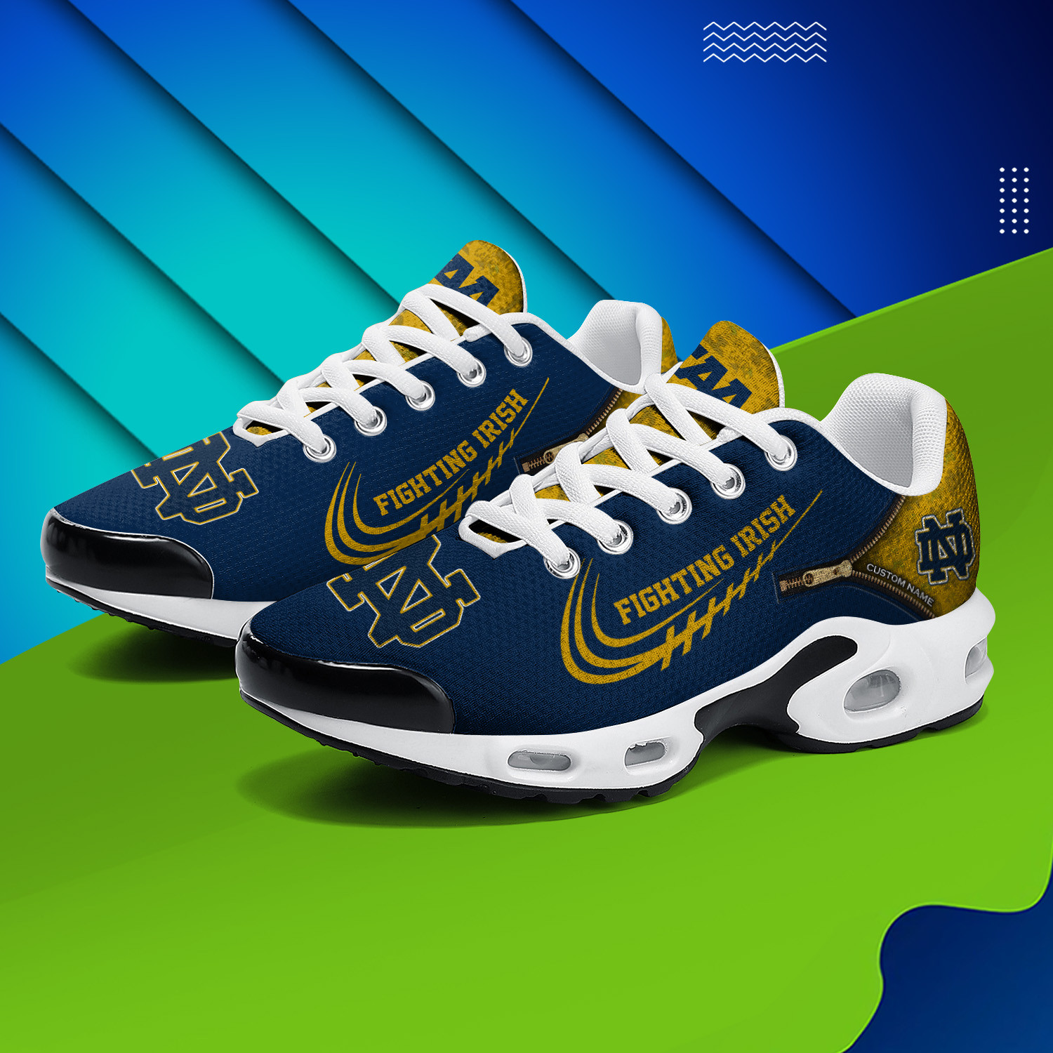 Notre Dame Fighting Irish Personalized Name Team Logo Mix Colors Zipped Line TN Air Max Shoes Air Cushion Sneakers