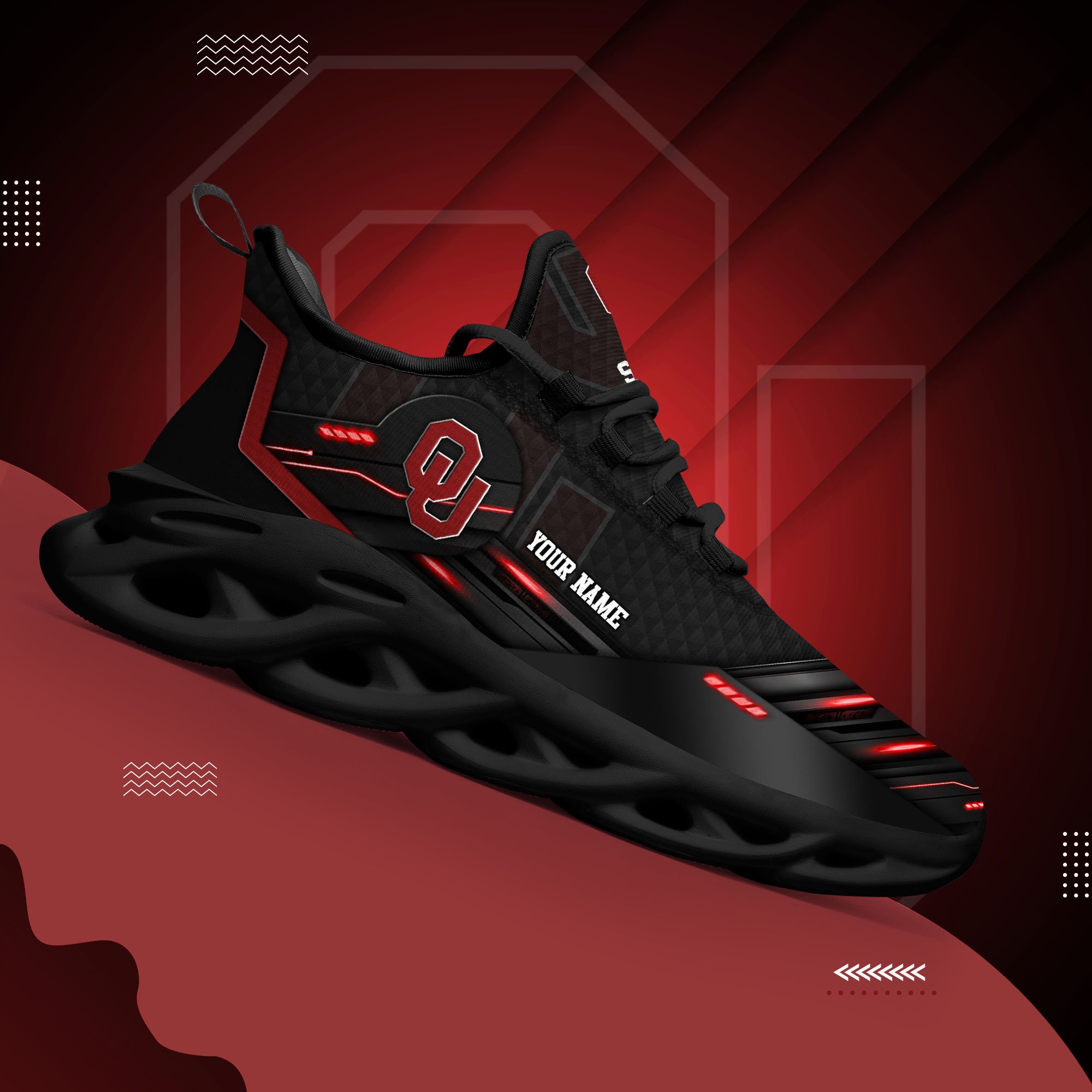 Oklahoma Sooners Black Clunky Sneaker Custom Name, Max Soul Shoes, Sport Gifts For Fan
