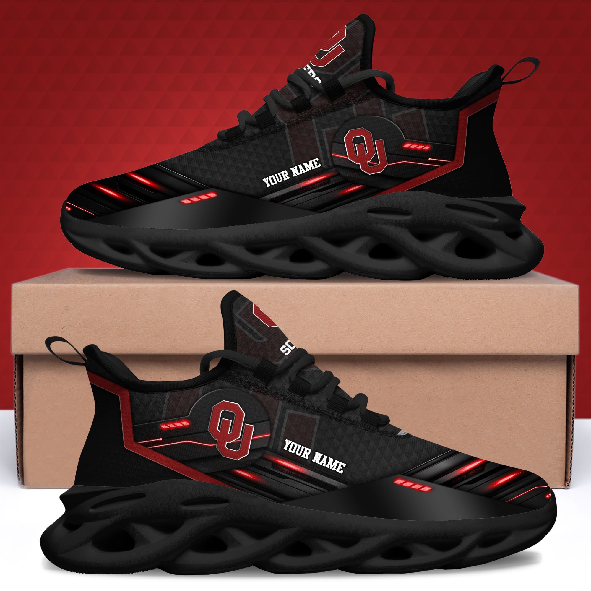 Oklahoma Sooners Black Clunky Sneaker Custom Name, Max Soul Shoes, Sport Gifts For Fan