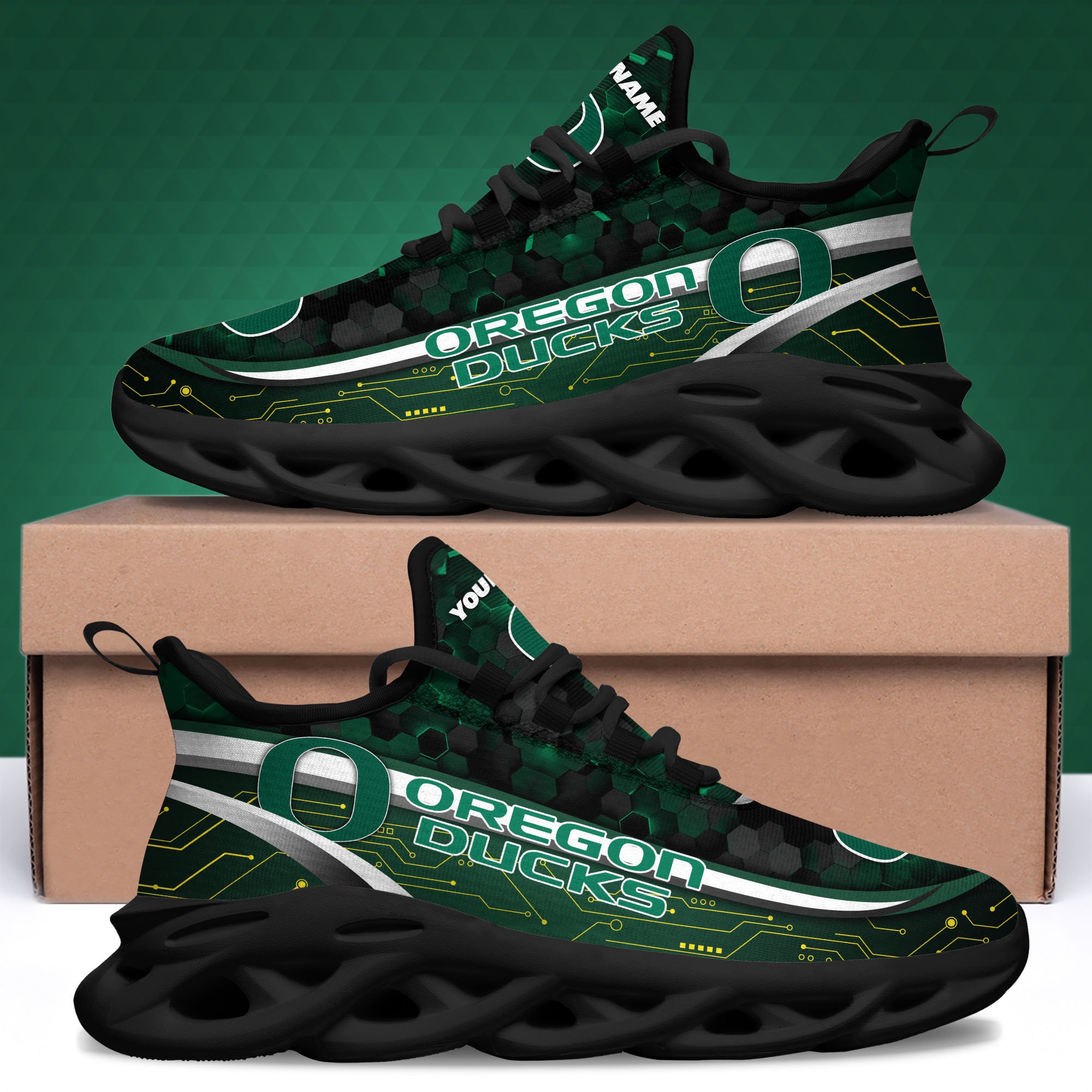 Oregon Ducks Black Clunky Sneakers Custom Name, Max Soul Shoes, Sport Gifts