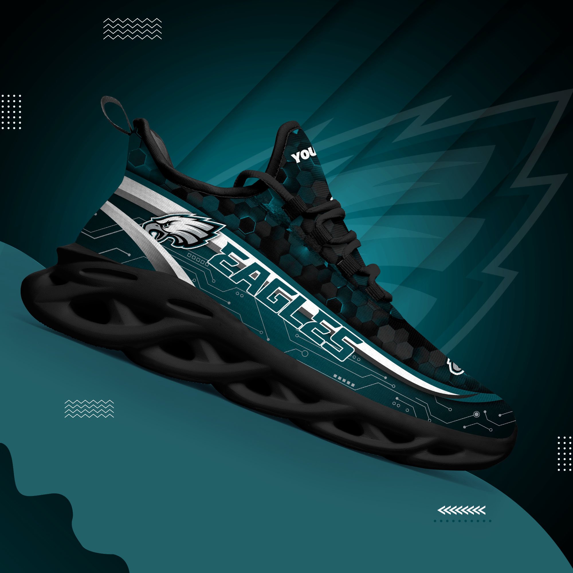 Philadelphia Eagles Black Clunky Sneakers Custom Name, Max Soul Shoes, Sport Gifts