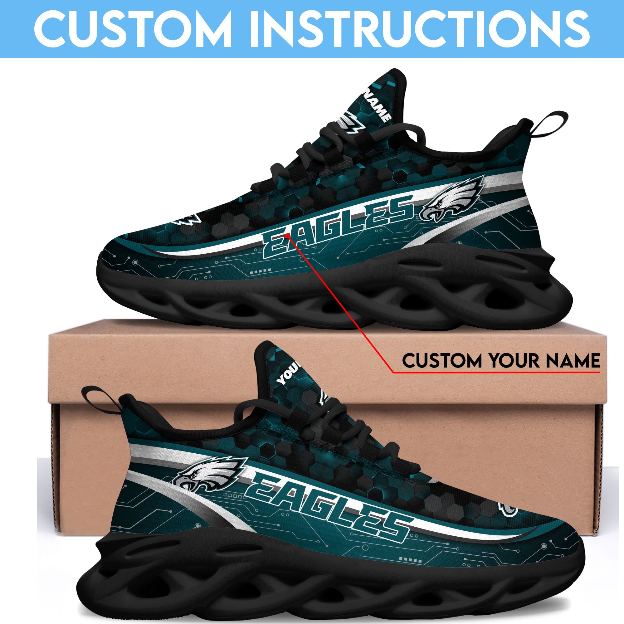 Philadelphia Eagles Black Clunky Sneakers Custom Name, Max Soul Shoes, Sport Gifts