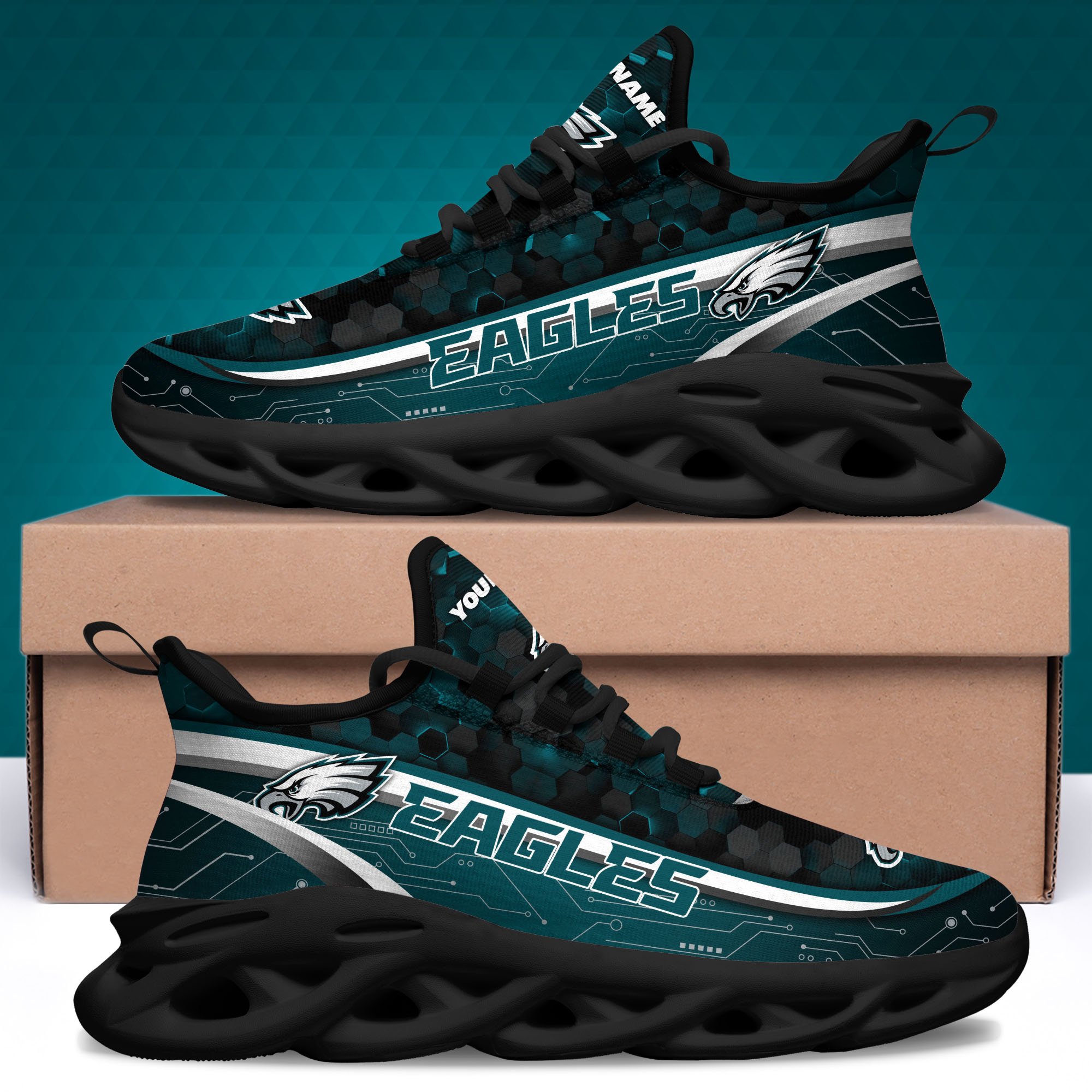 Philadelphia Eagles Black Clunky Sneakers Custom Name, Max Soul Shoes, Sport Gifts