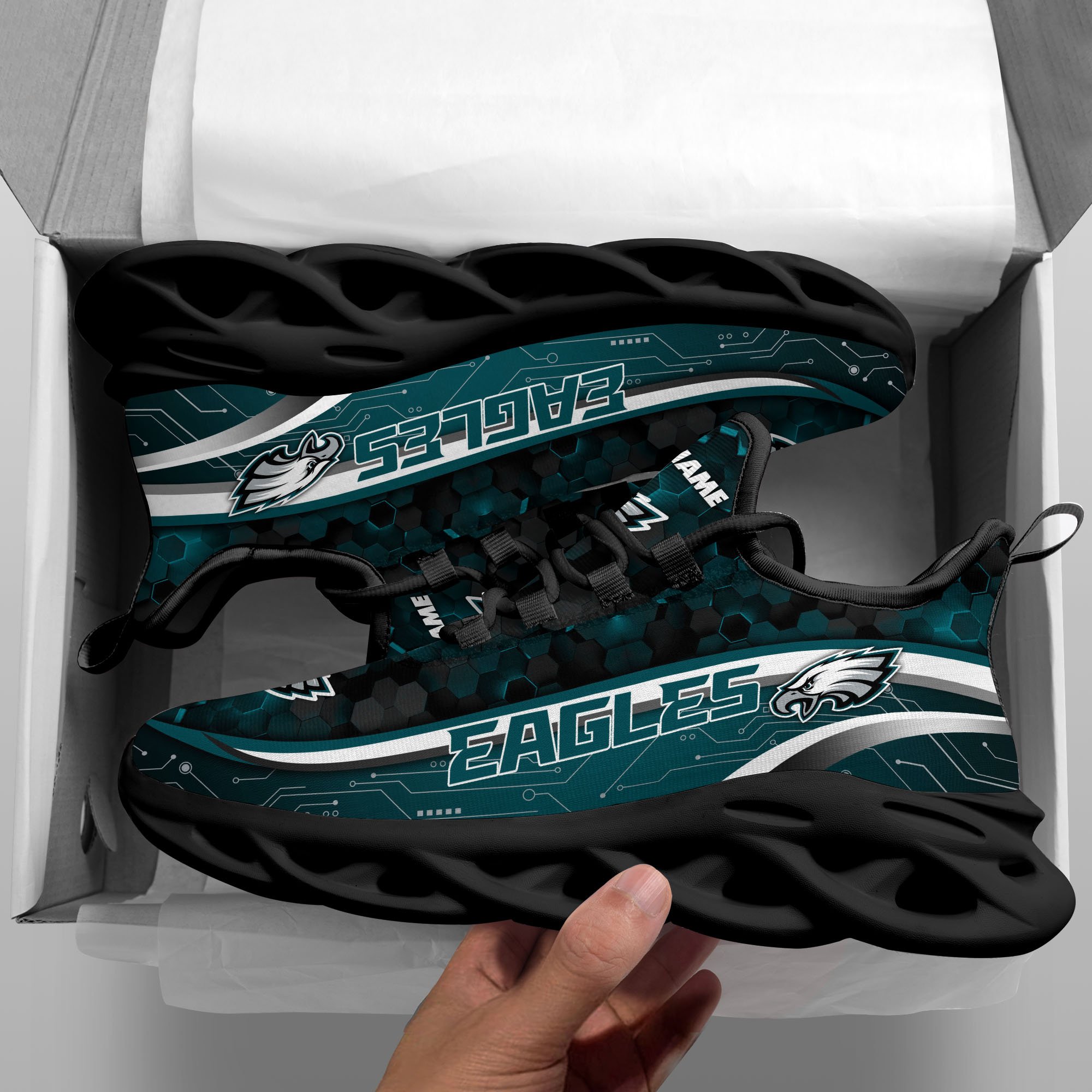 Philadelphia Eagles Black Clunky Sneakers Custom Name, Max Soul Shoes, Sport Gifts