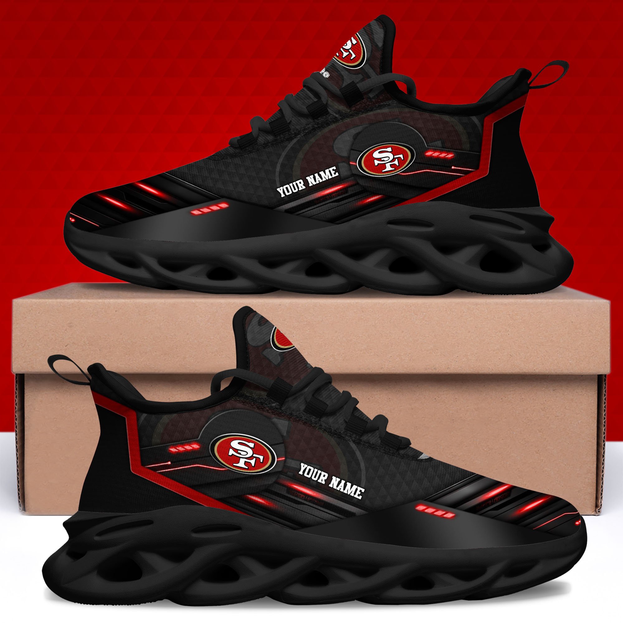 San Francisco 49Ers Black Clunky Sneaker Custom Name, Max Soul Shoes, Sport Gifts For Fan